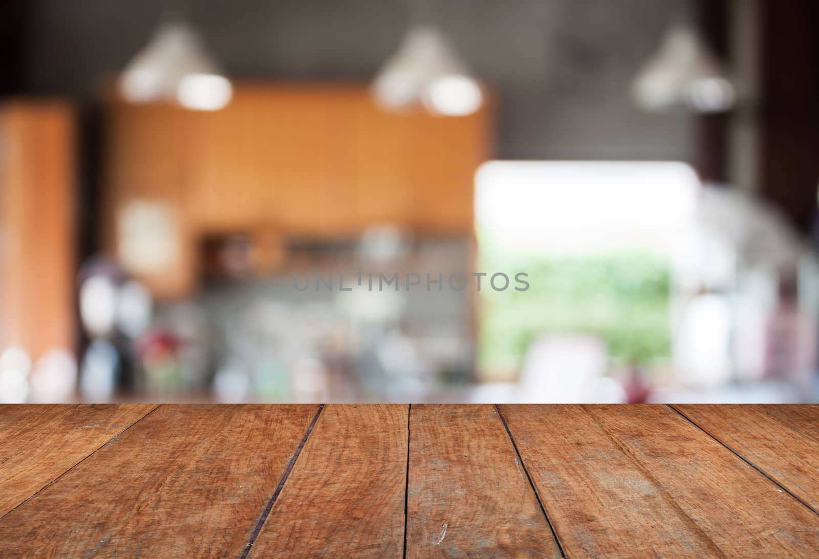Tabletop with abstract blur coffee shop background, stock photo
