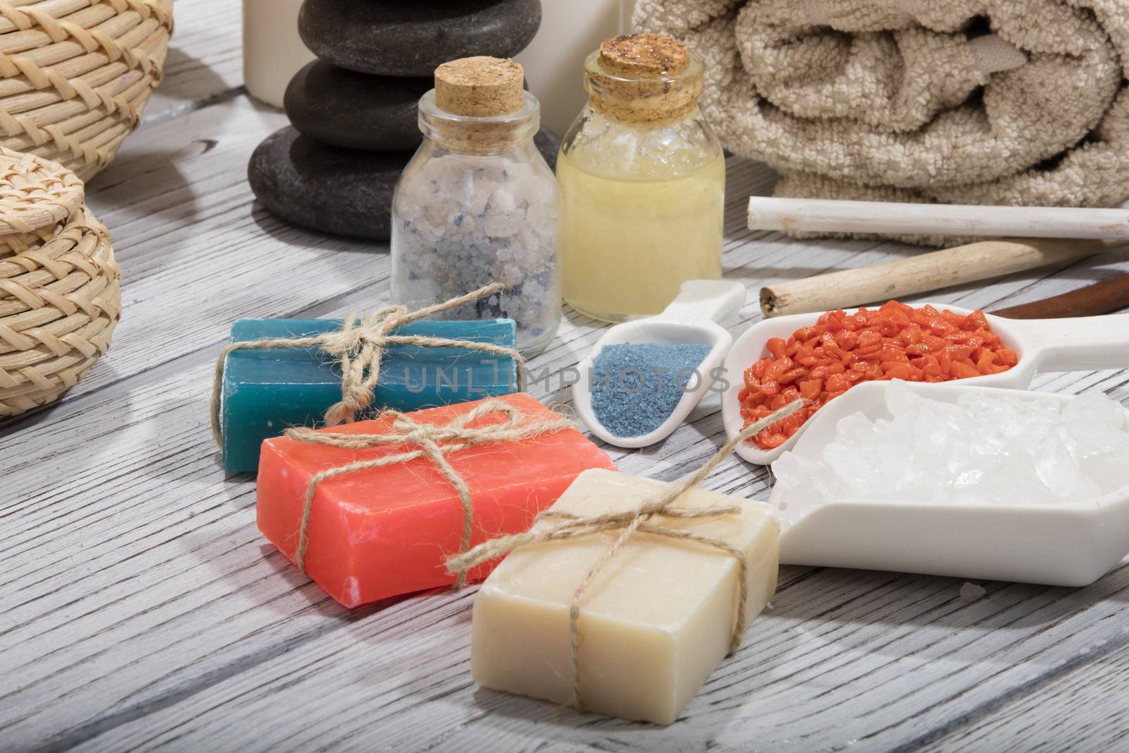 composition of spa treatment on the wooden table