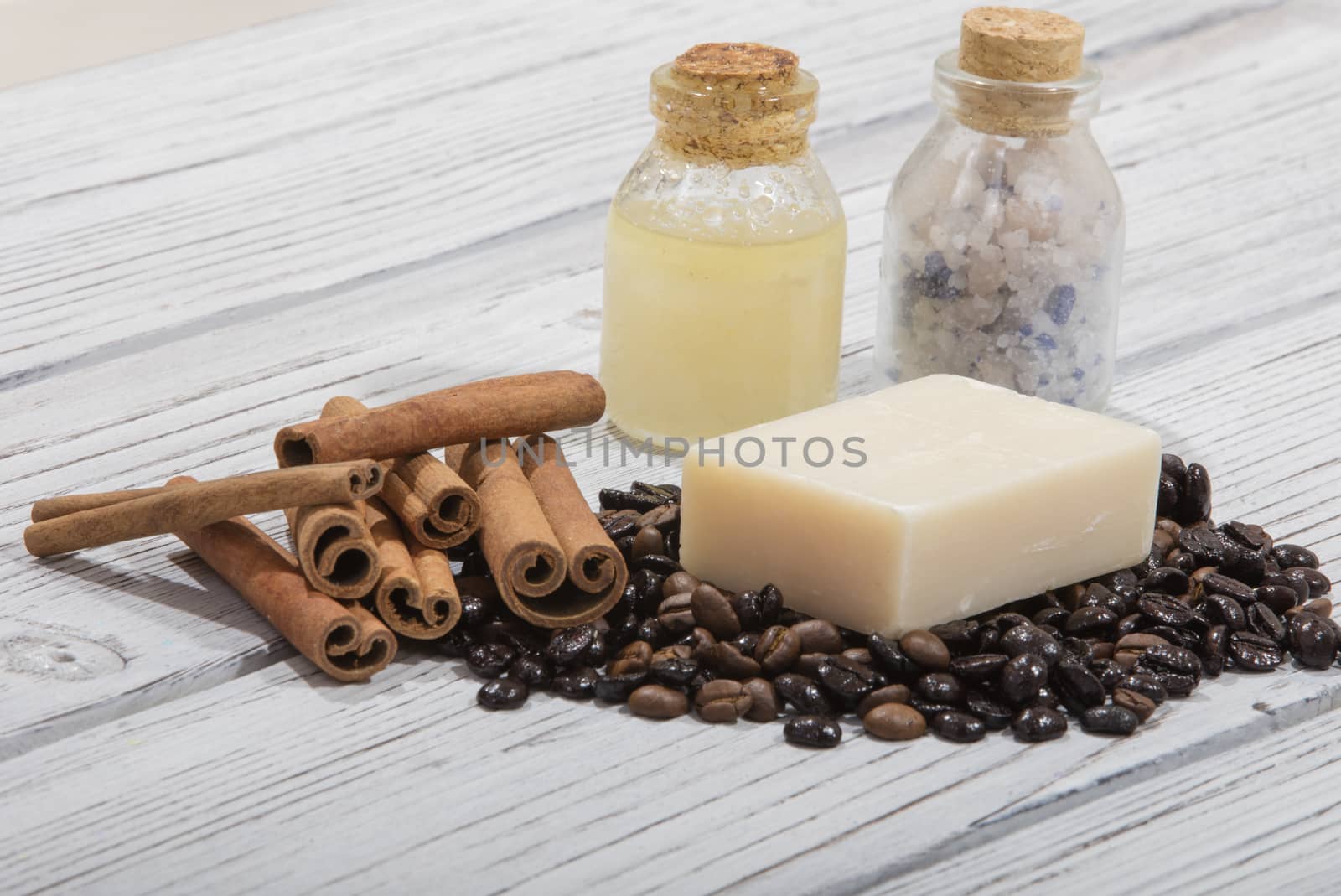 handmade soap and coffee on wooden background by senkaya