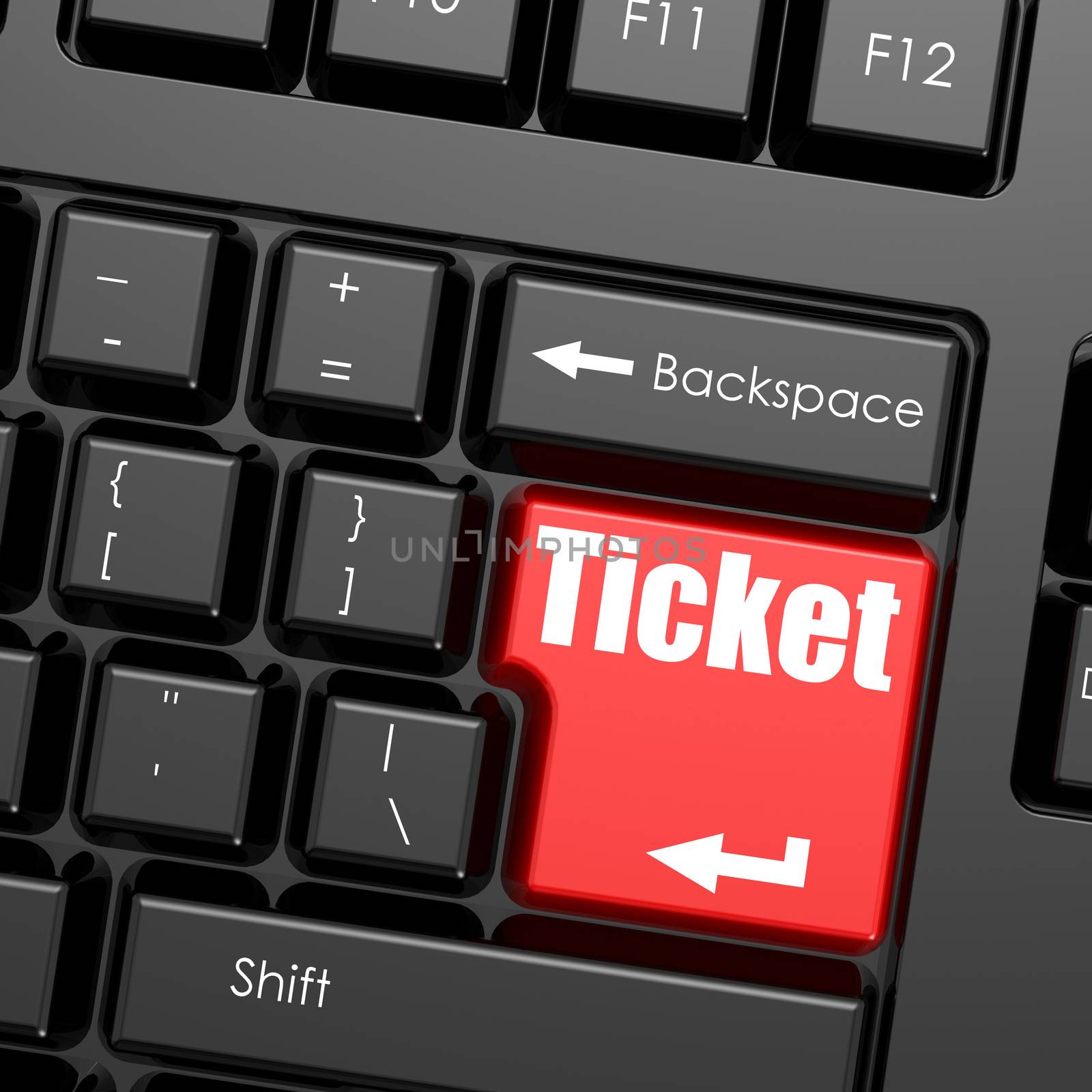 Red enter button on computer keyboard, Ticket word. Business concept, 3d rendering