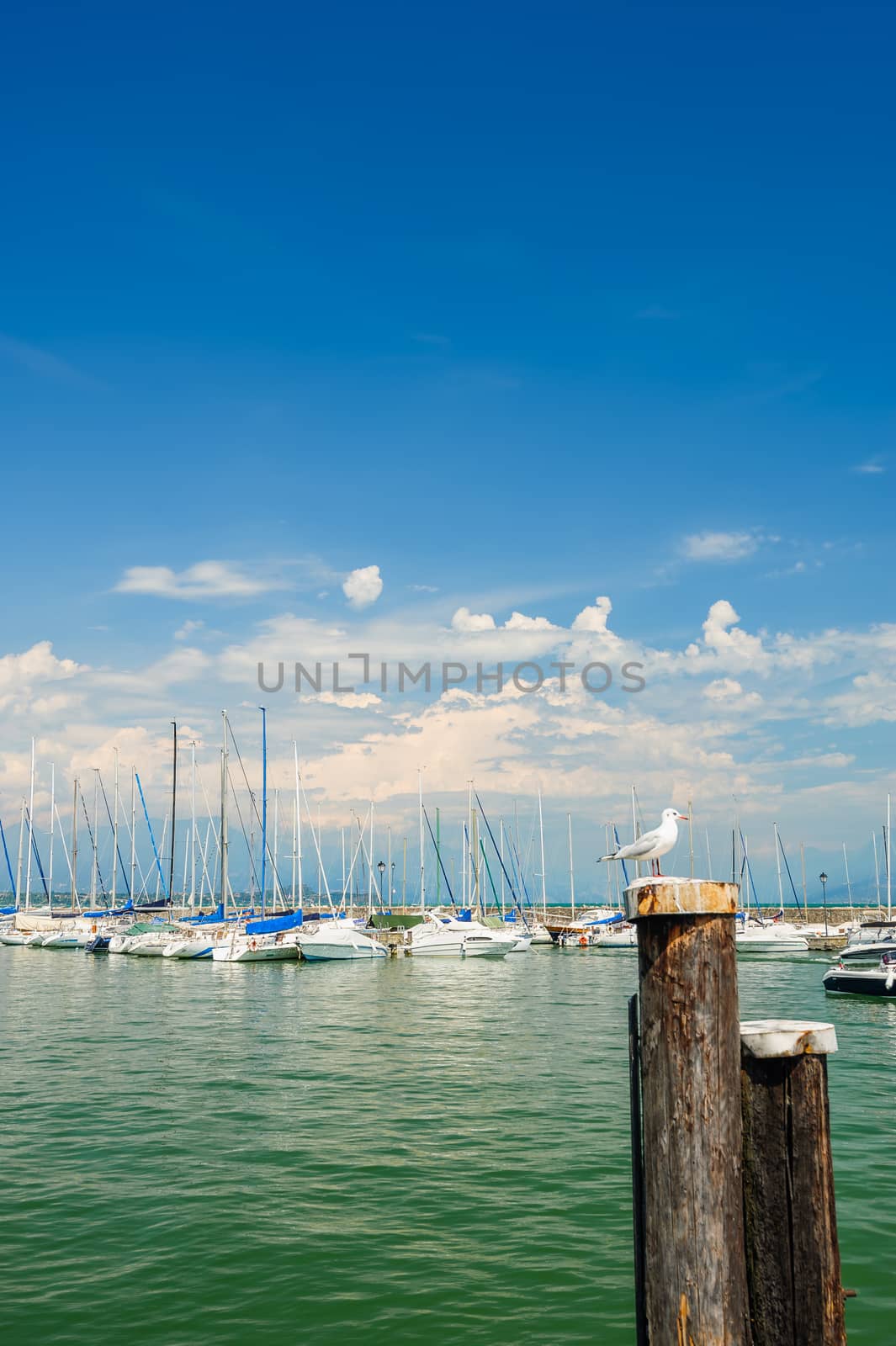 Desenzano, Lombardy, northern Italy, 15th August 2016: Small yachts in harbor in Desenzano del Garda, lake Garda, Italy