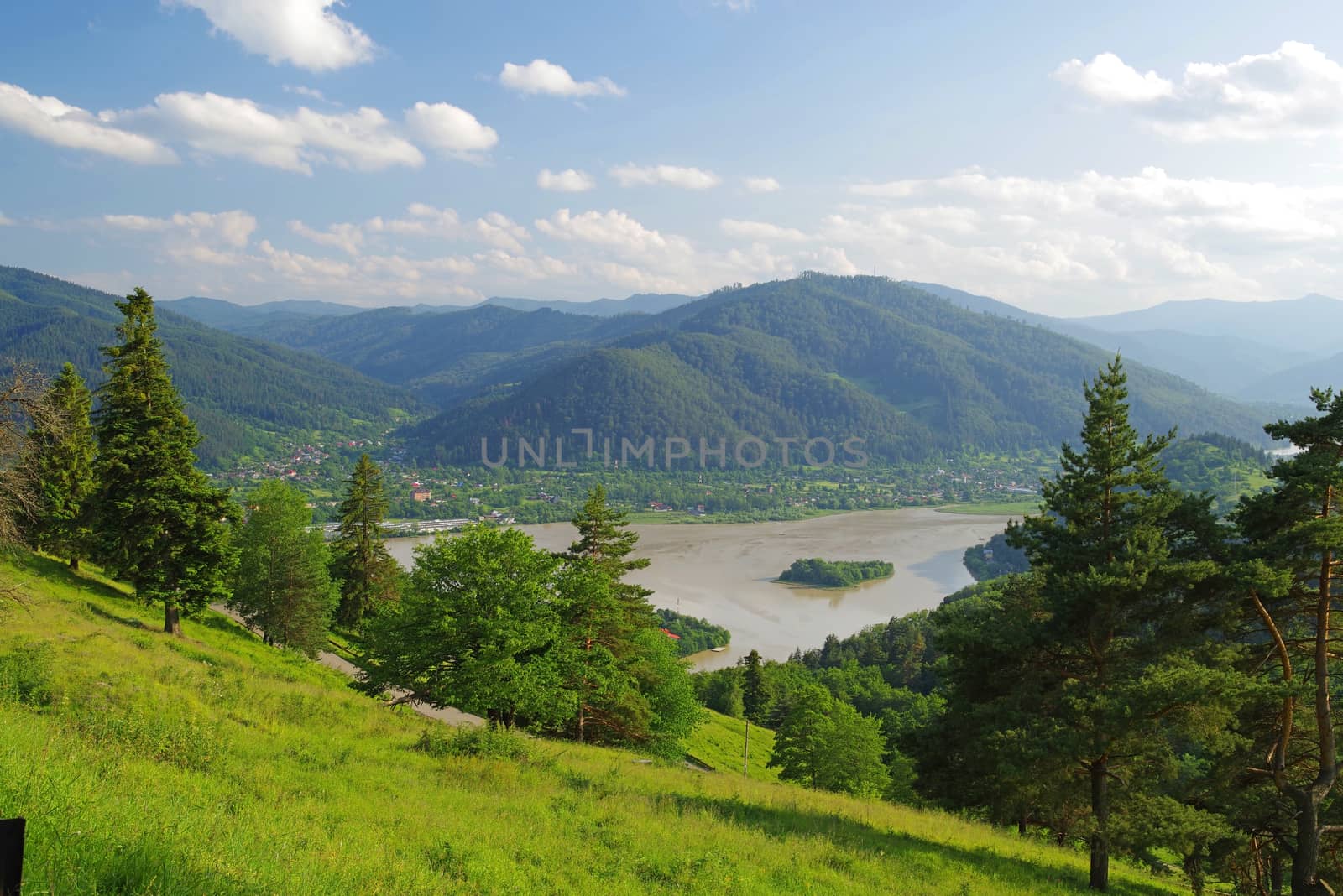 Summer landscape with Bistrita river during flood