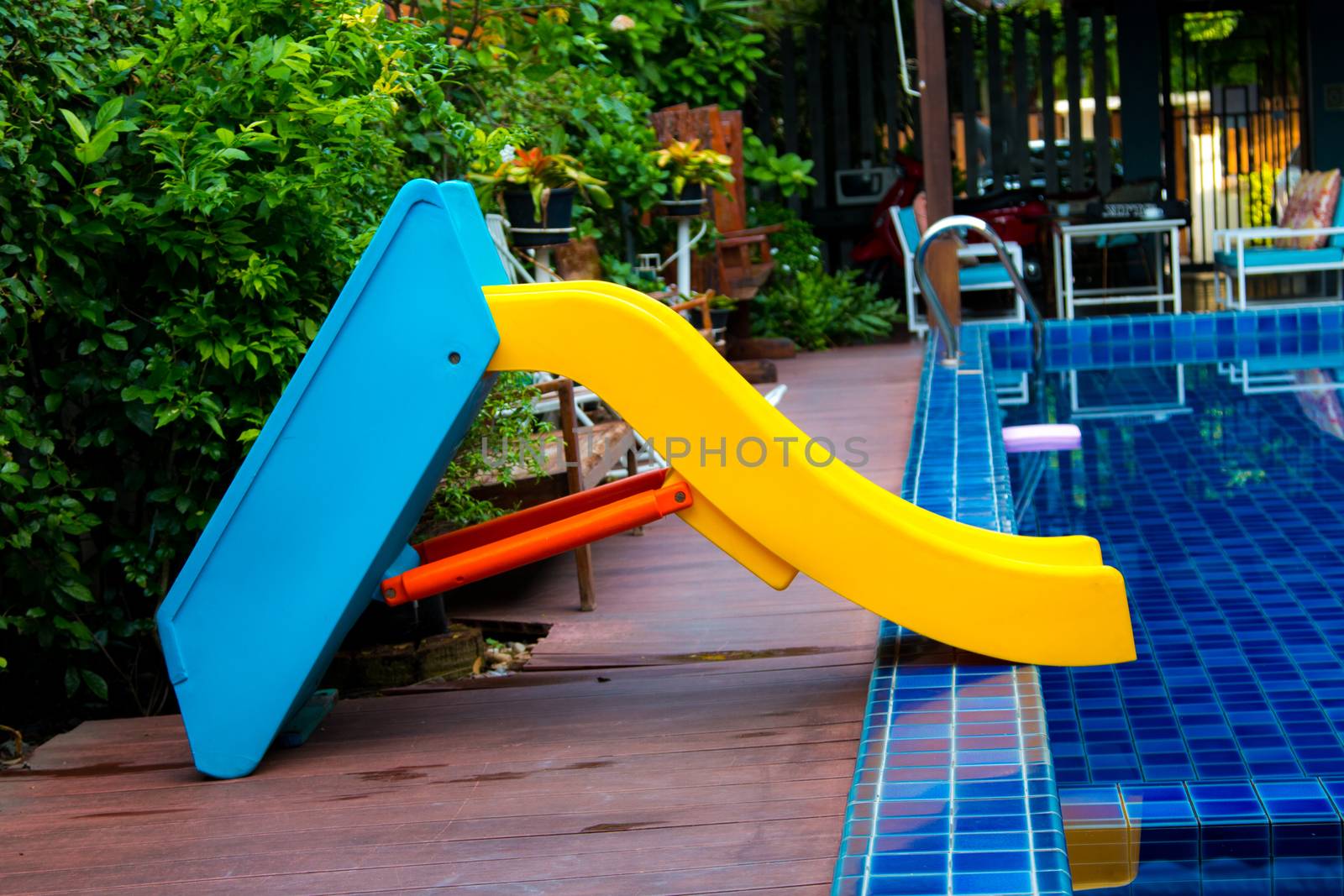 Pool Slide Swimming public pool slide blue water outdoors by N_u_T