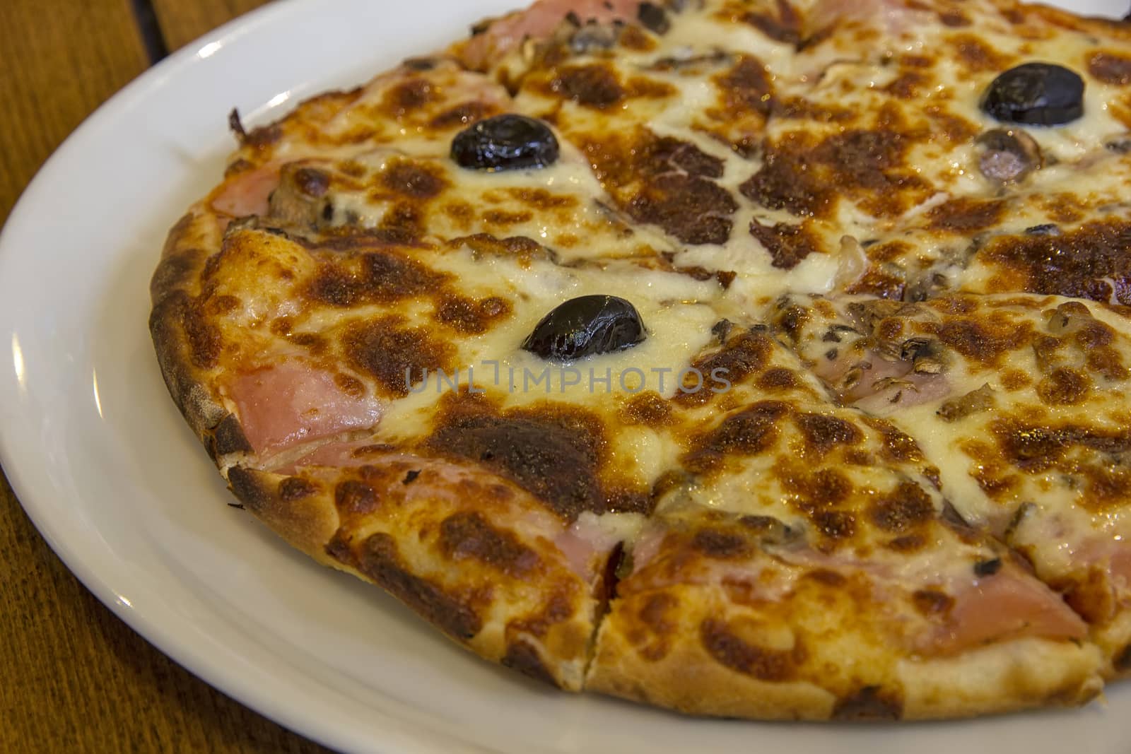 tasty pizza with mushrooms, cheese, olives and meat on the plate
