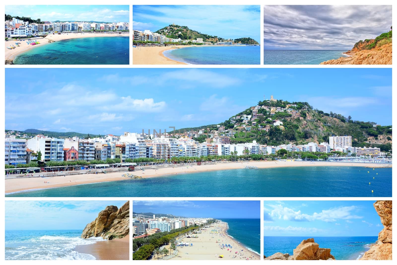 Photo collage with places of Costa Brava. Catalonia beaches, Calella and Blanes town in Spain. Ideal for use as postcard or in travel catalog.