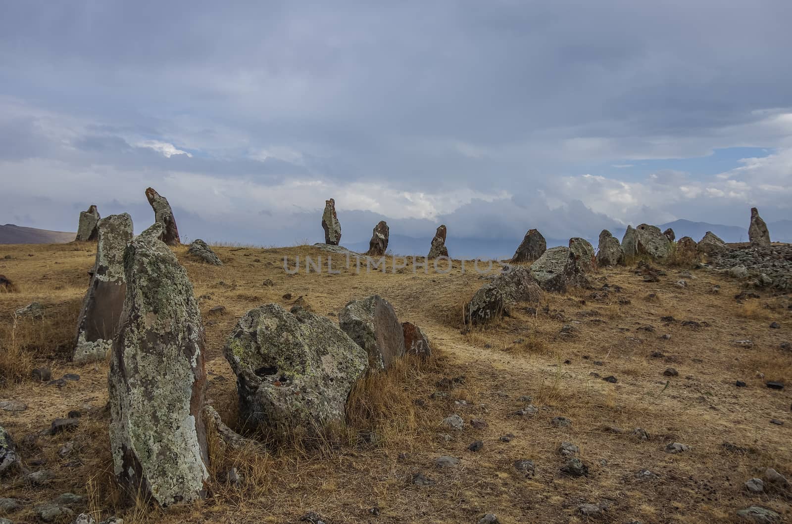 Big megalithic menhirs of Zorats Karer (Carahunge) - prehistory megalithic monument in Armenia