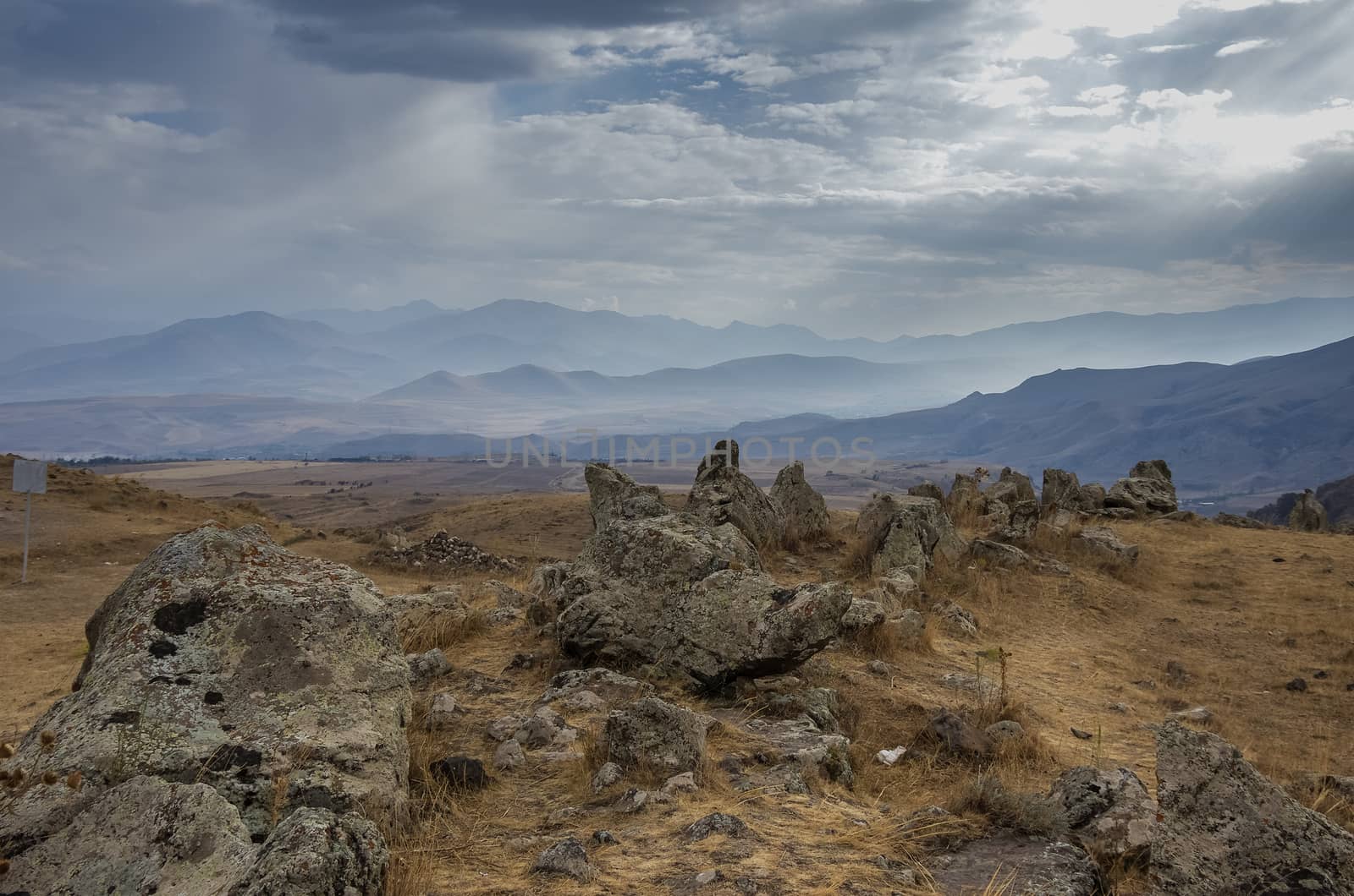 Big megalithic menhirs of Zorats Karer (Carahunge) - prehistory megalithic monument in Armenia