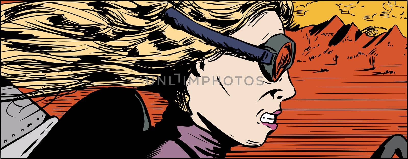 Illustration of intense woman in goggles racing her car in desert