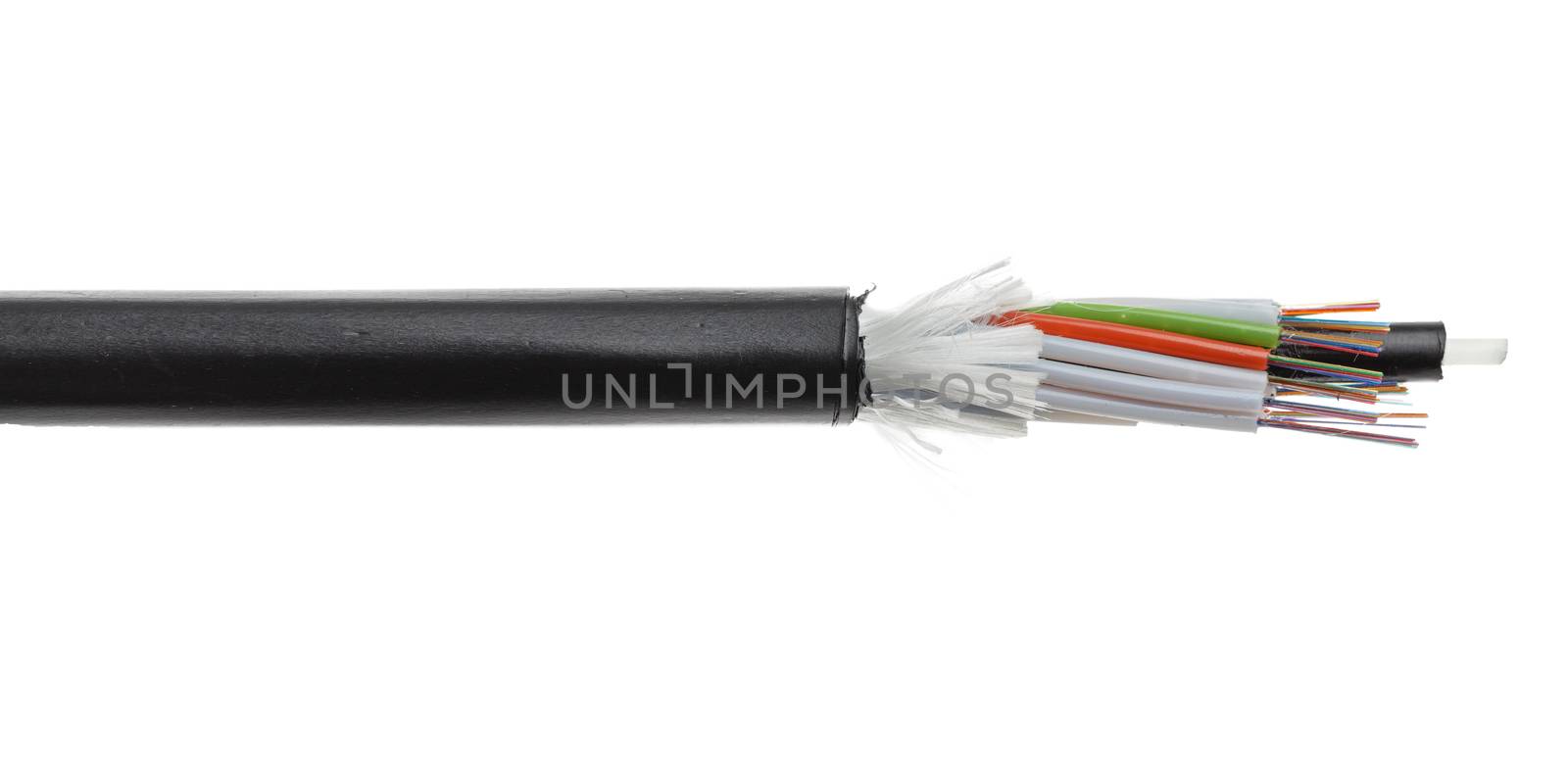 Fiber optical cable detail isolated on white background. Loose tubes with optical fibres and central strenght member including waterblocking glass yarn and ripcord, multimode or single mode