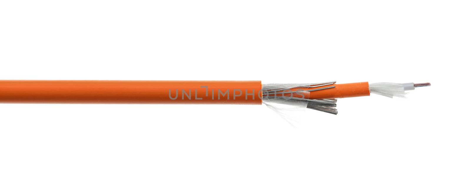 Steel rugged fiber optical cable isolated on white background. Loose tubes with optical fibres and central strenght member including waterblocking glass yarn and ripcord, multimode or single mode