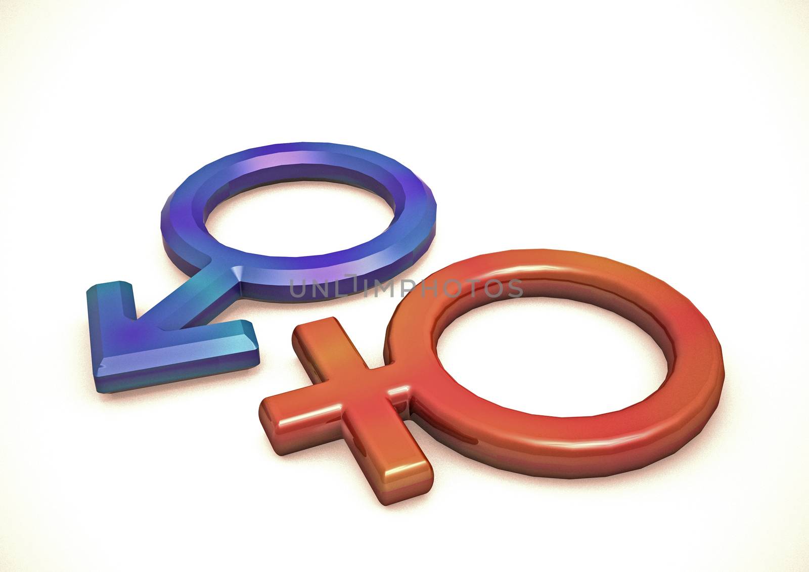 Dimensional man's and female signs on a white background. 3D render.