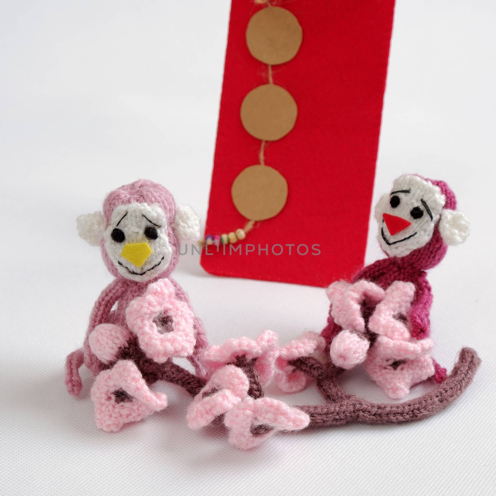 2016, year of monkey, handmade happy new year on white background, knitted monkey, funny stuffed animal, knit flower from yarn, red envelope for lucky money, sign for Vietnam Tet