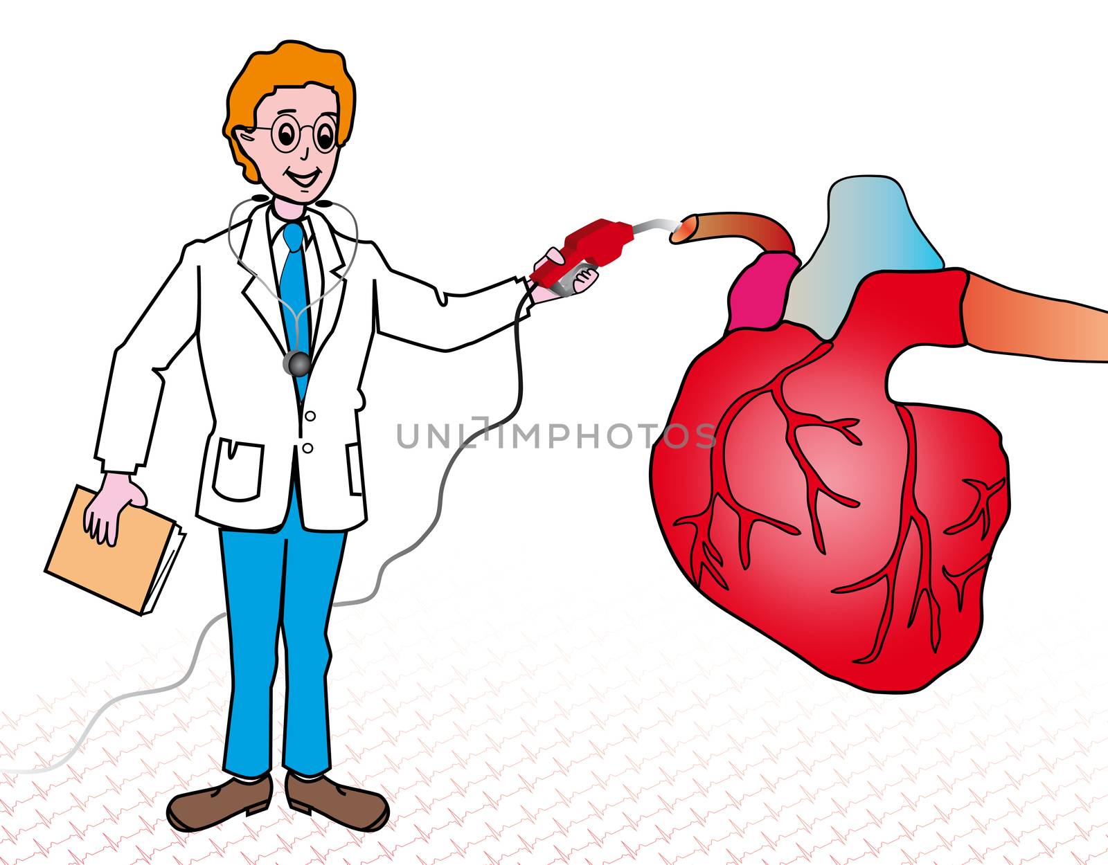 drawing of a heart and a medical doctor with a stethoscope looking after a heart for a heart problem