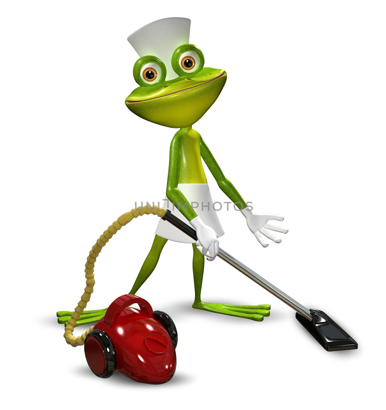 3d illustration of a frog with a maid red vacuuming