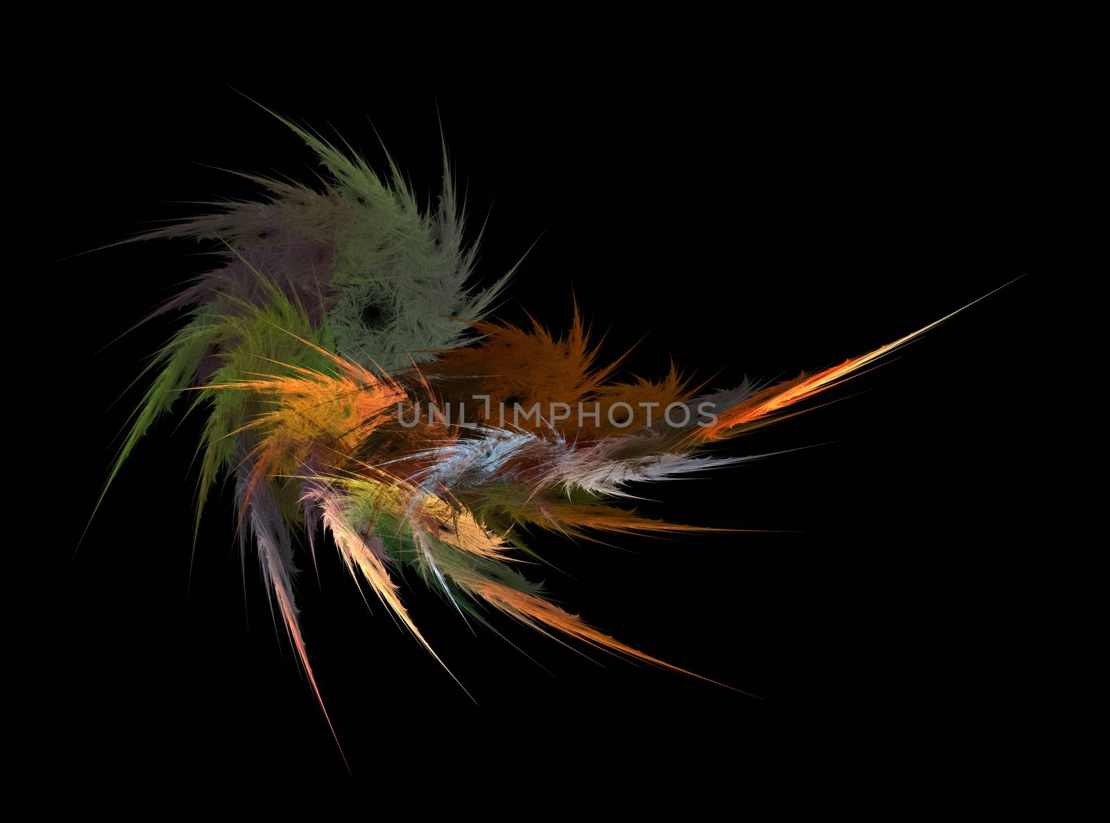 Fractals, abstract bundle of colored feathers on black background