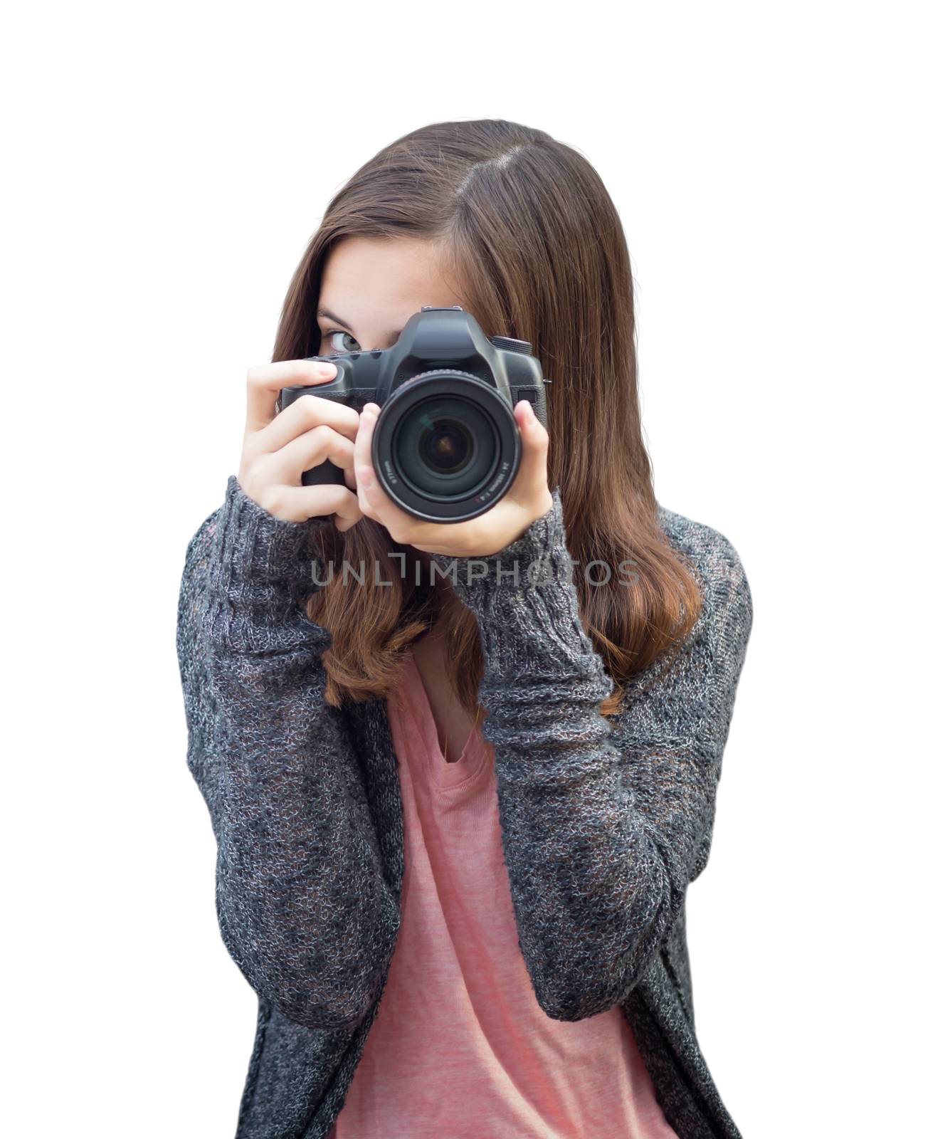 Attractive Mixed Race Young woman With DSLR Camera Isolated on a White Background.