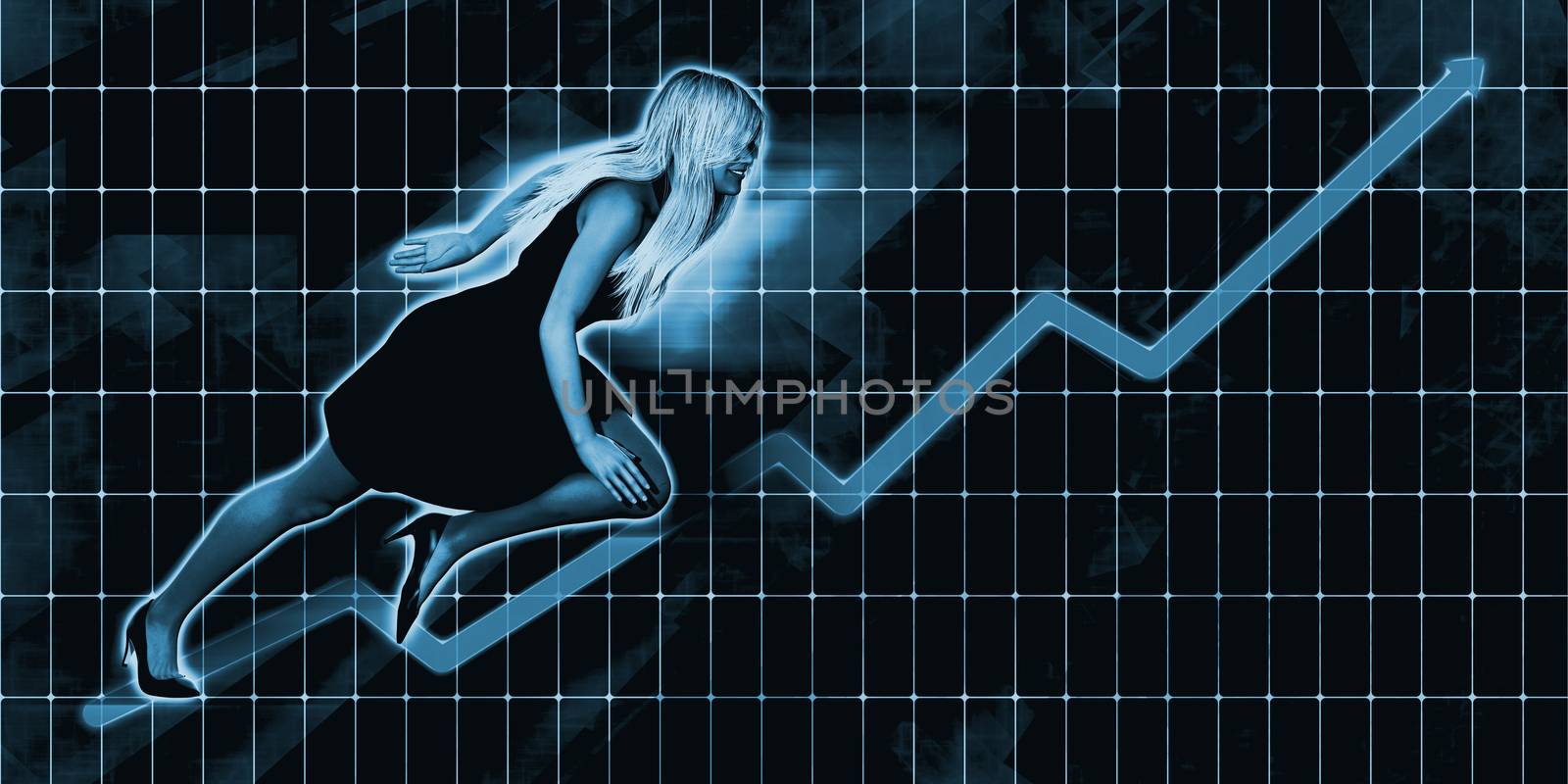 European Businesswoman Charging Ahead on Blue Background Art