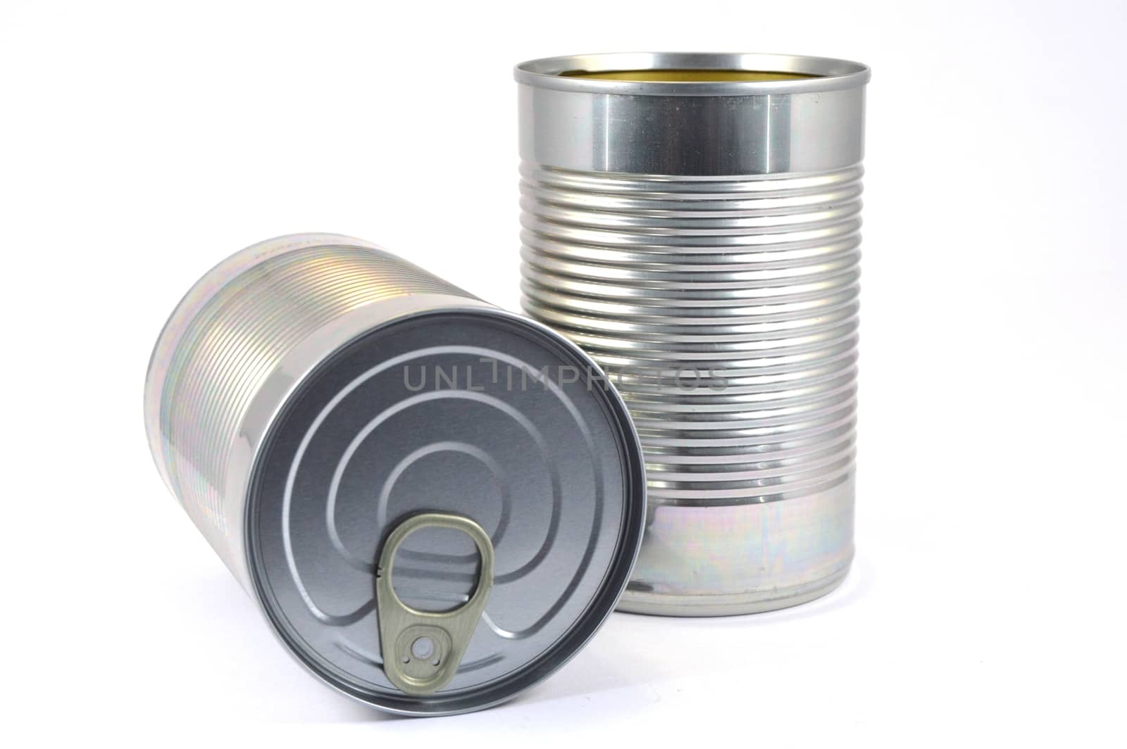 Limp with can of food in standing stainless steel and bedtime on white bottom.