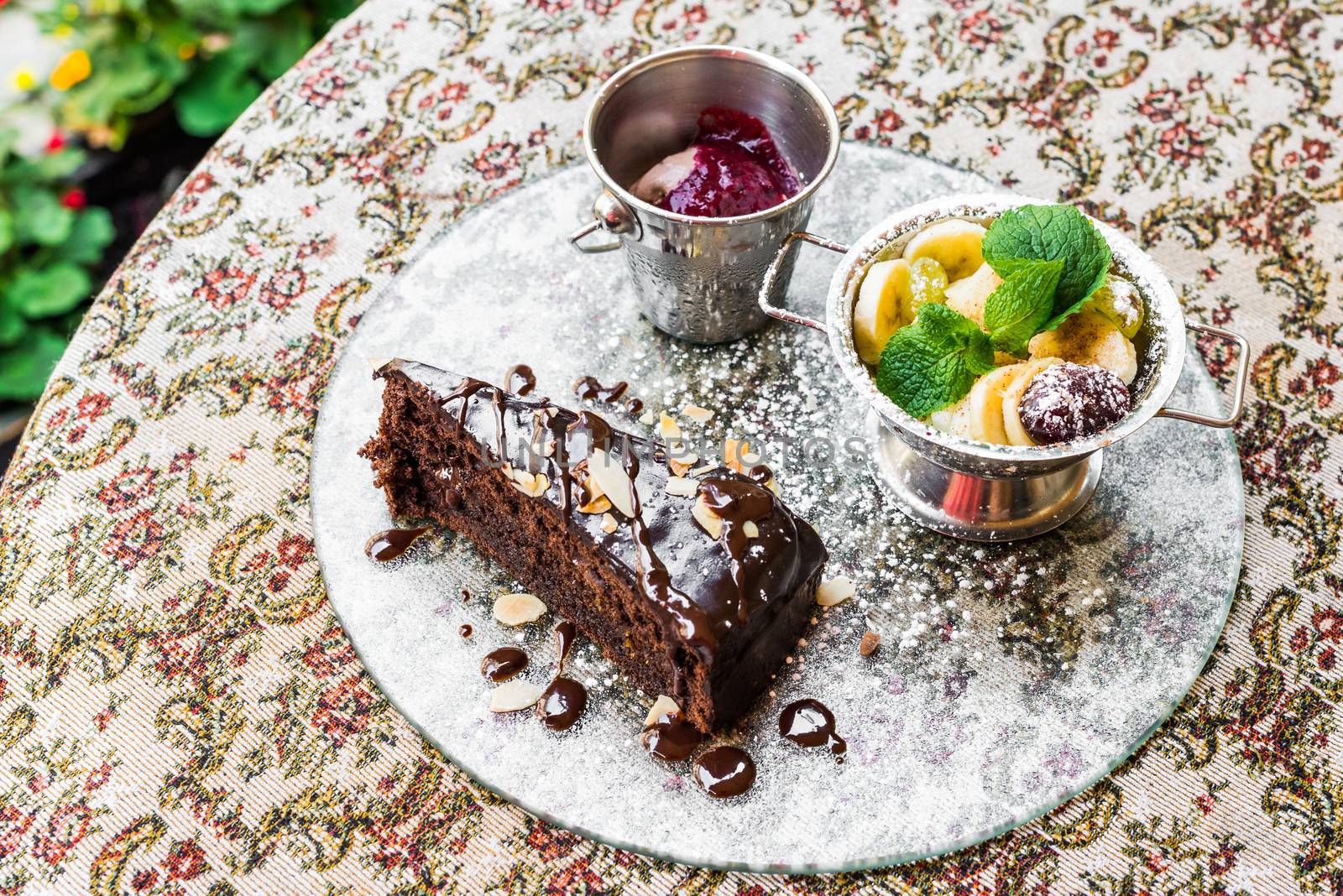 Chocolate cake, fruit and ice cream by okskukuruza