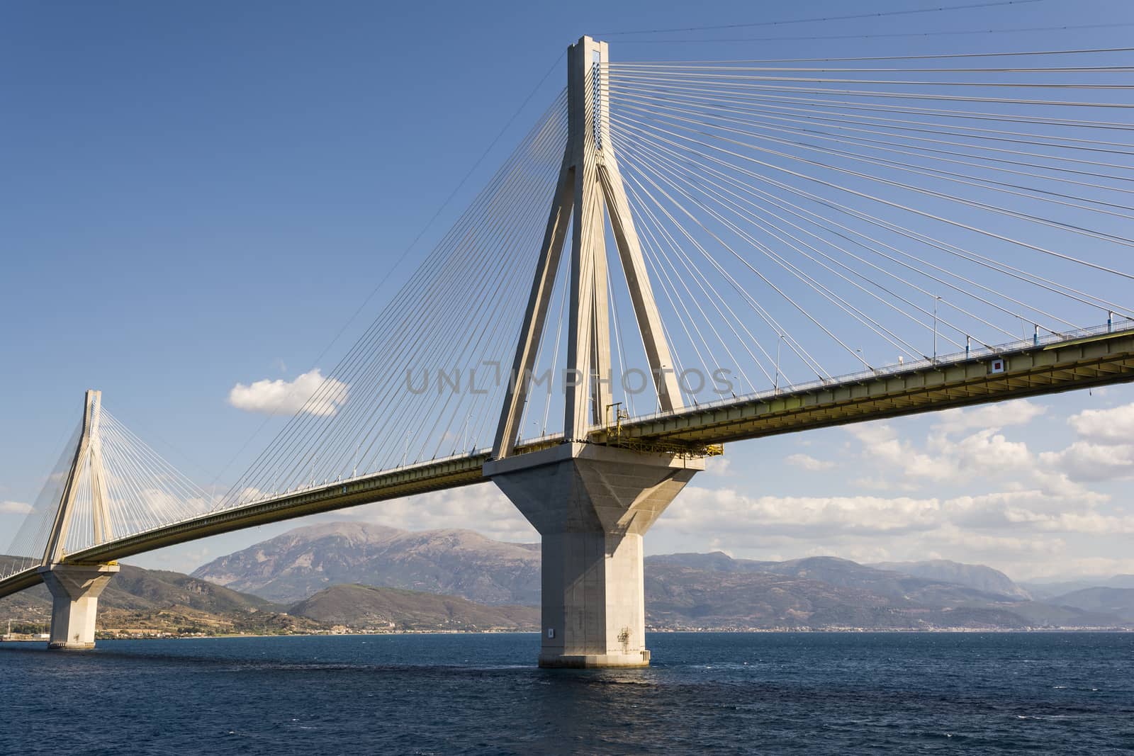 Cable-stayed suspension bridge crossing Corinth Gulf strait, Greece. It is one of the world's longest multi-span cable-stayed bridges and the longest of the fully suspended type