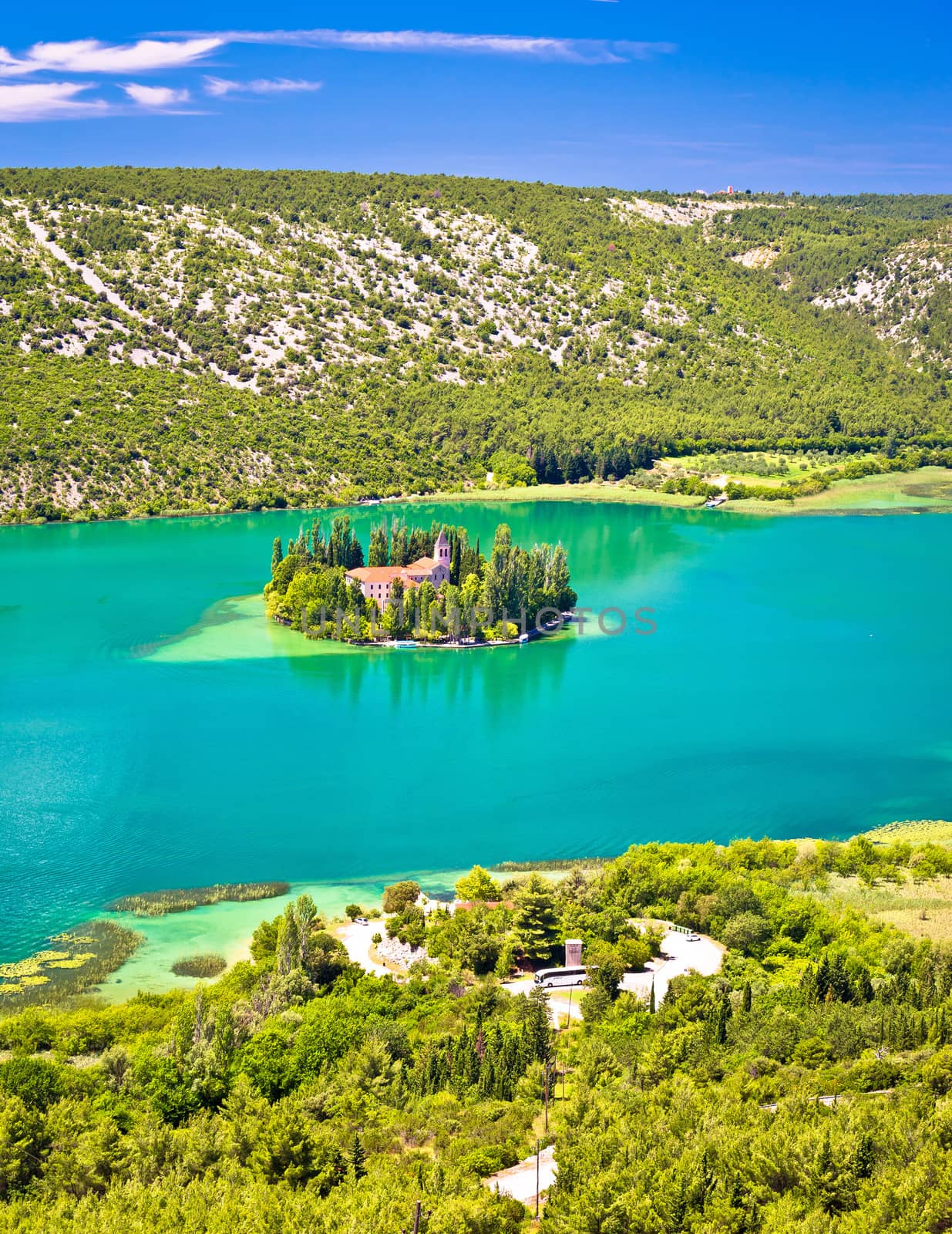 Visovac lake island monastery aerial view, Krka national park, Croatia