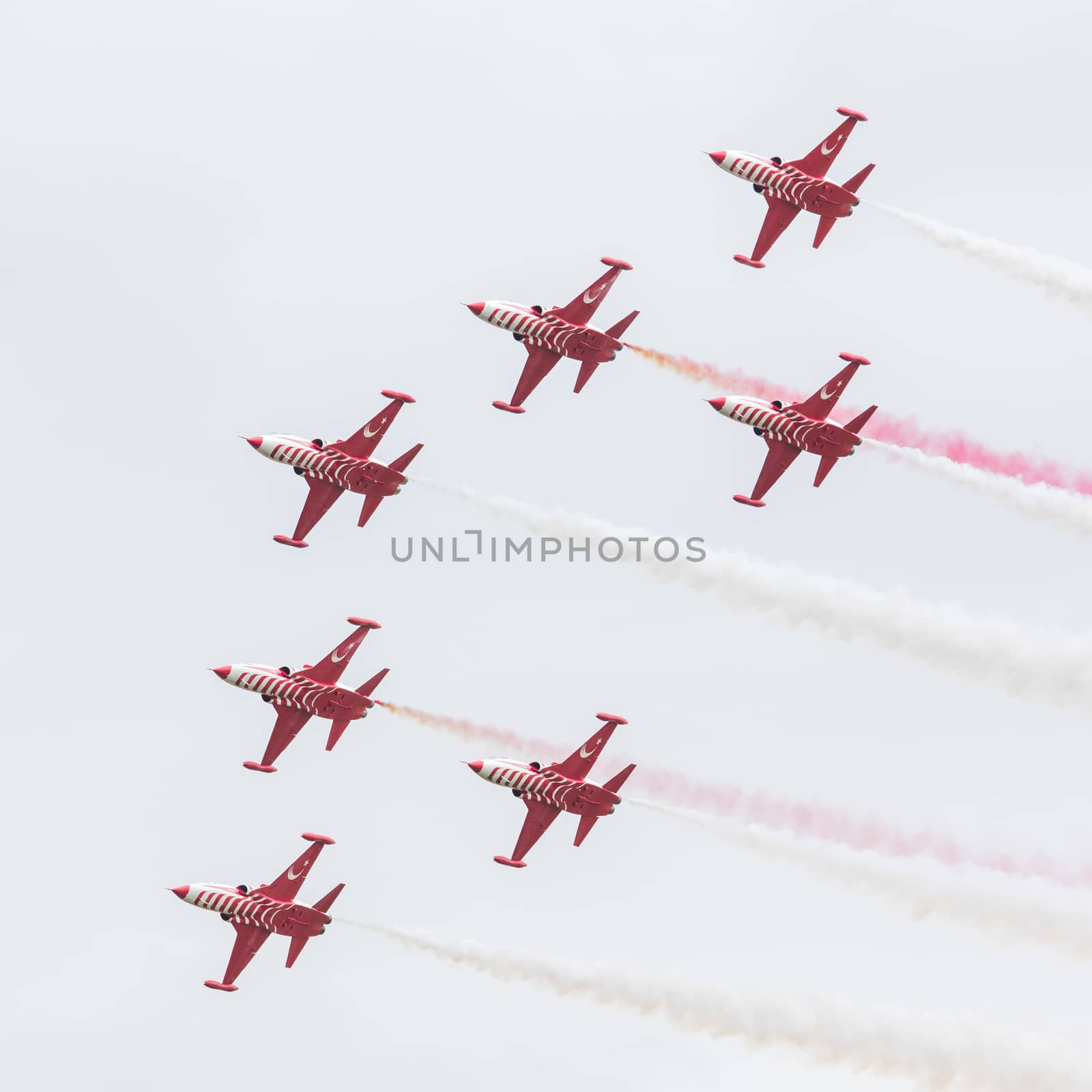 LEEUWARDEN, THE NETHERLANDS - JUNE 10, 2016: Turkish Air Force Demonstration Team Turkish Stars at the Royal Netherlands Air Force Days