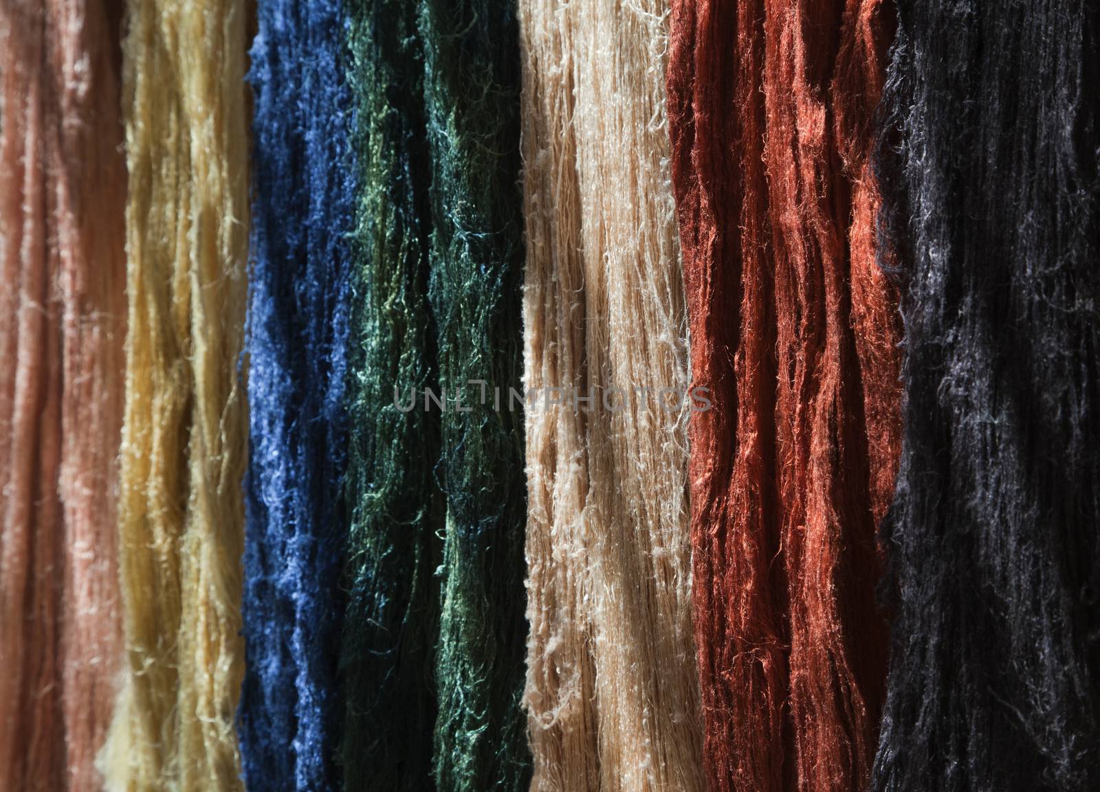 The multicolored yarn used for knitting clothes
