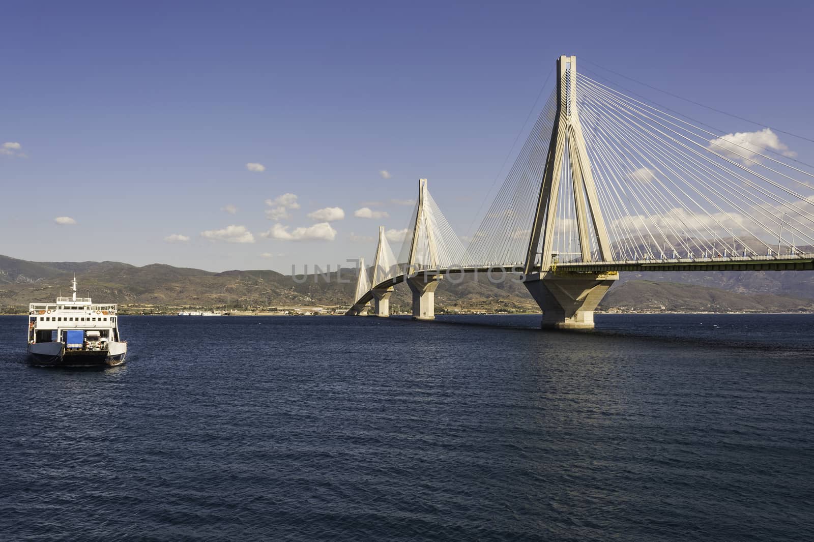 Cable-stayed suspension bridge crossing Corinth Gulf strait, Greece. It is one of the world's longest multi-span cable-stayed bridges and the longest of the fully suspended type