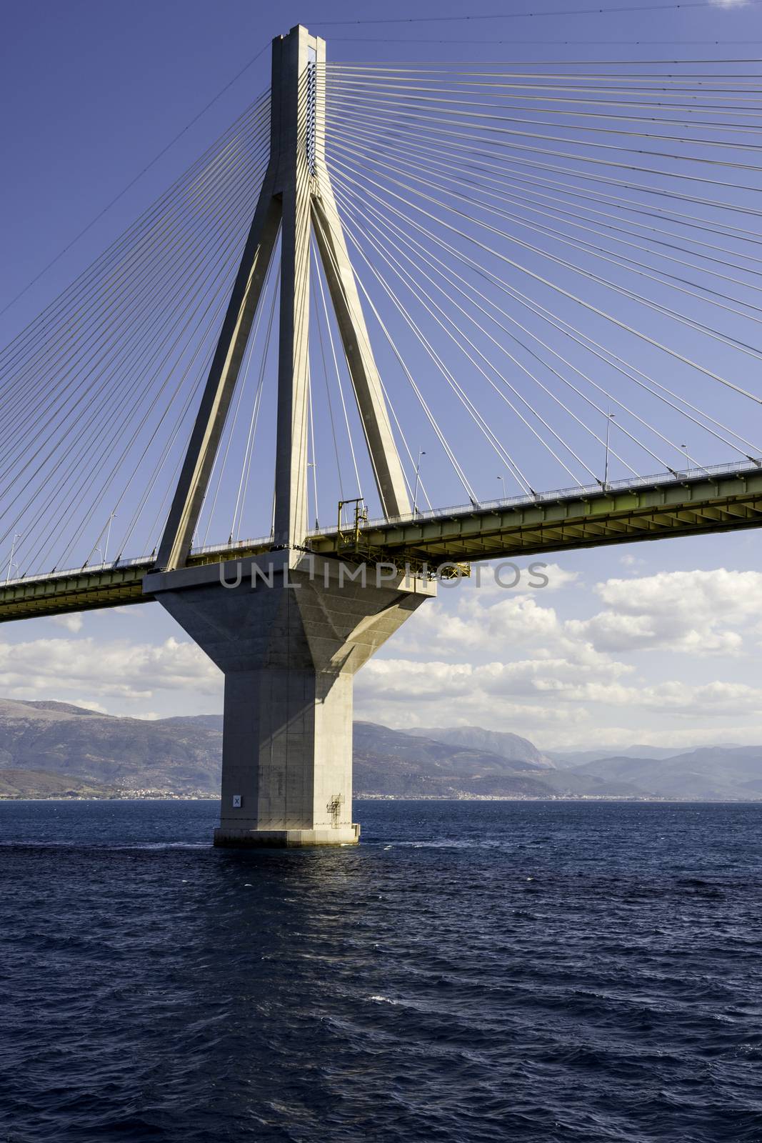 Cable-stayed suspension bridge crossing Corinth Gulf strait, Greece. It is one of the world's longest multi-span cable-stayed bridges and the longest of the fully suspended type