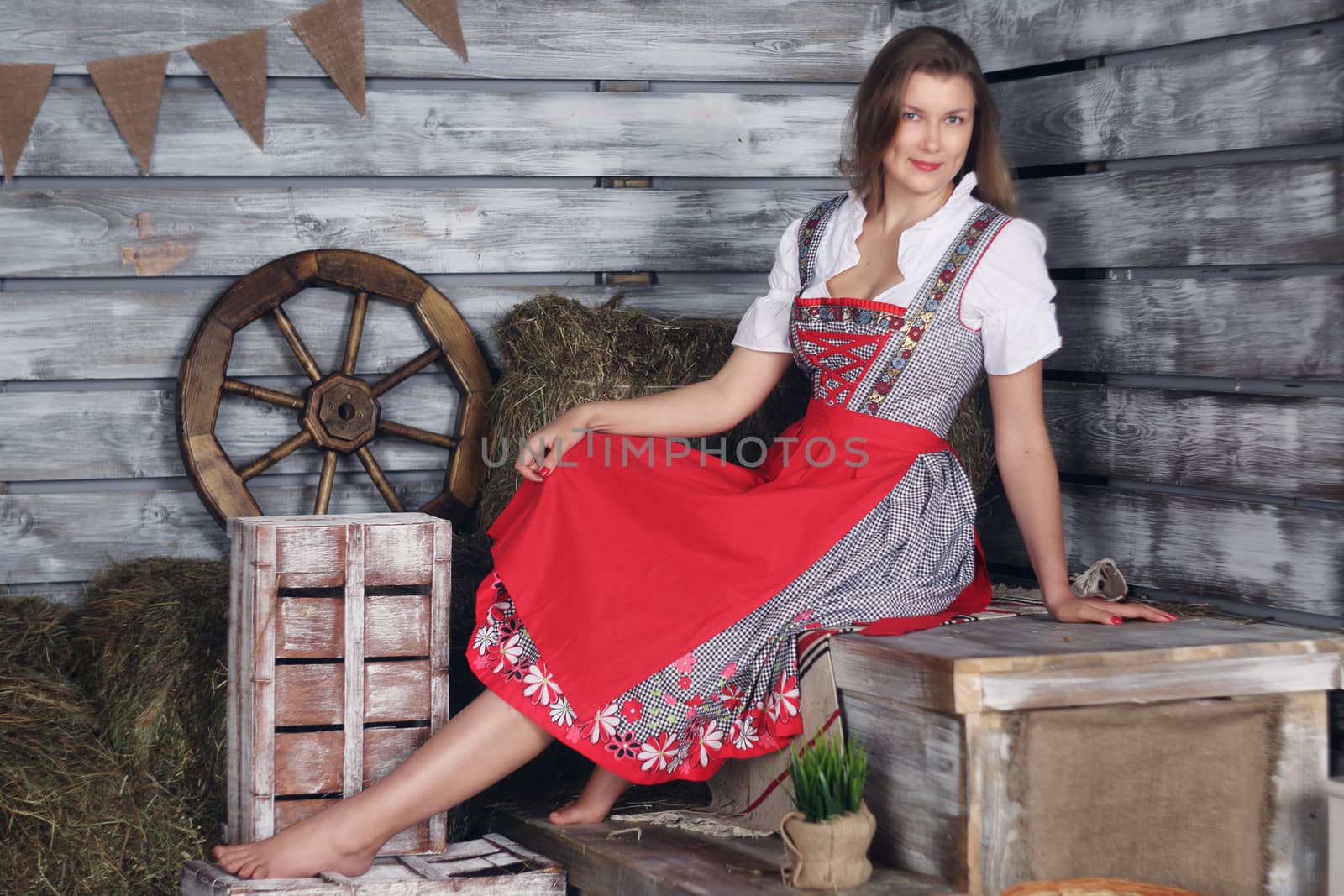 Beautiful woman in traditional german dress on hay