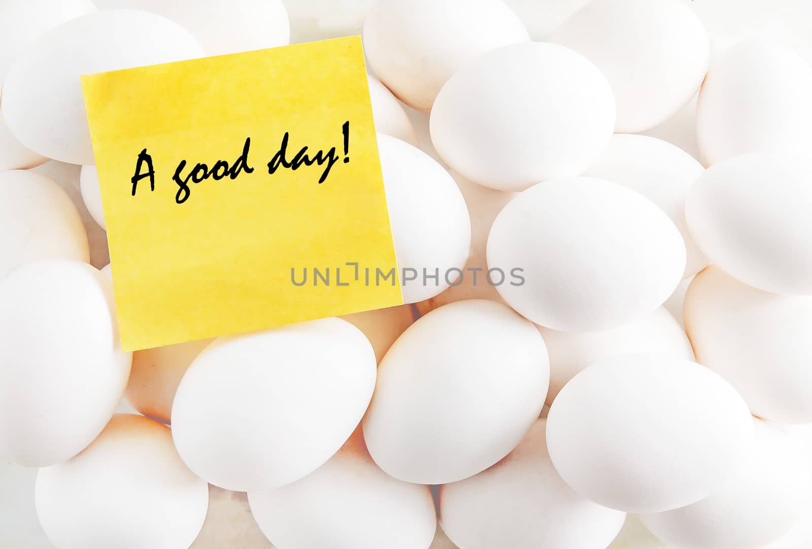 yellow sticker with the inscription on the background of white eggs.
