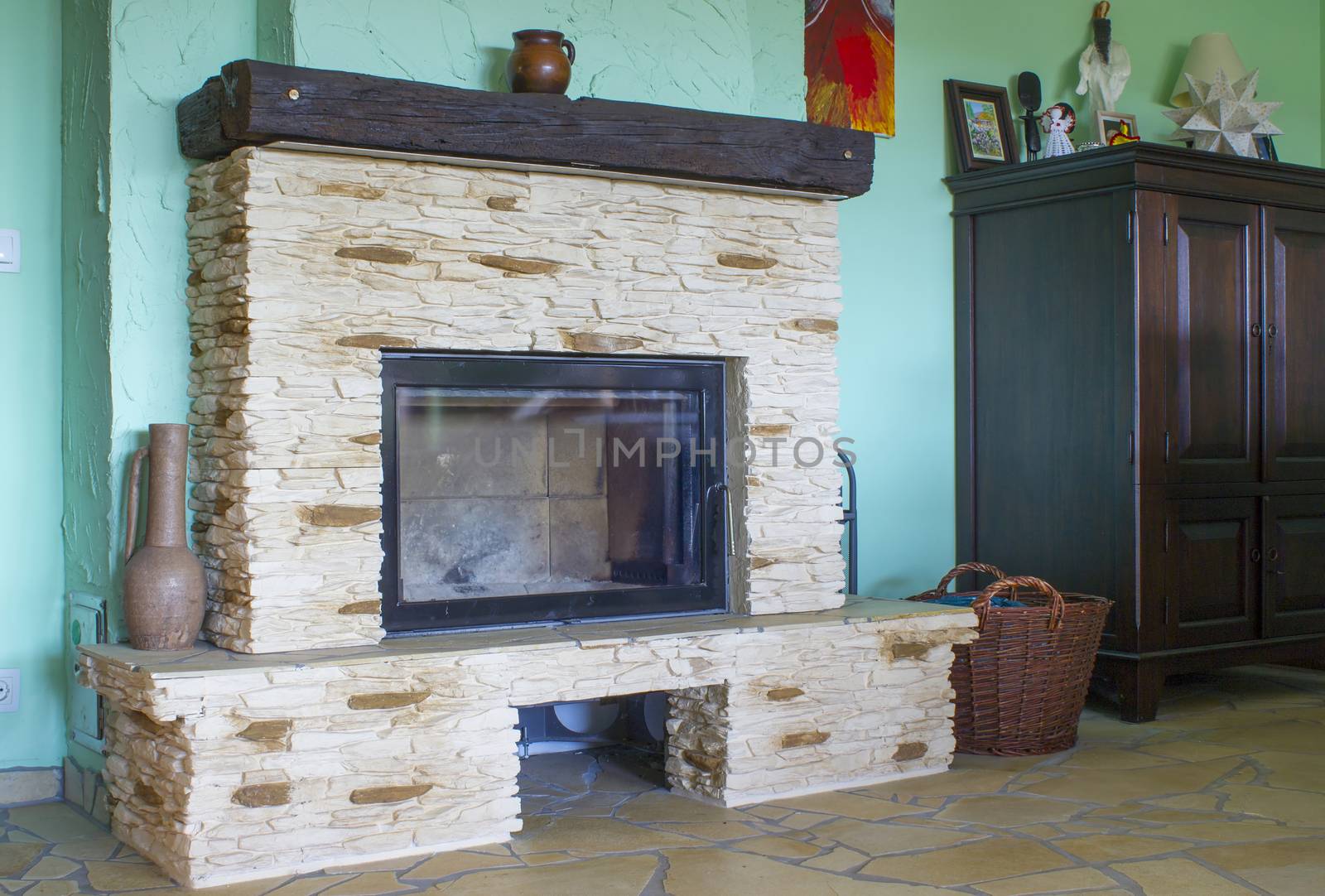 stone fireplace in the living room