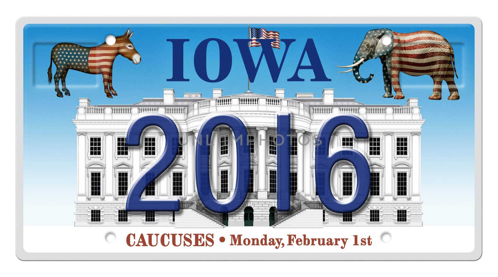 Digital illustration of a license Plate displaying the presidential election year 2016, the White House, a Republican elephant, a Democrat donkey, and the state title of Iowa, representing the Iowa caucuses. Includes a clipping path.