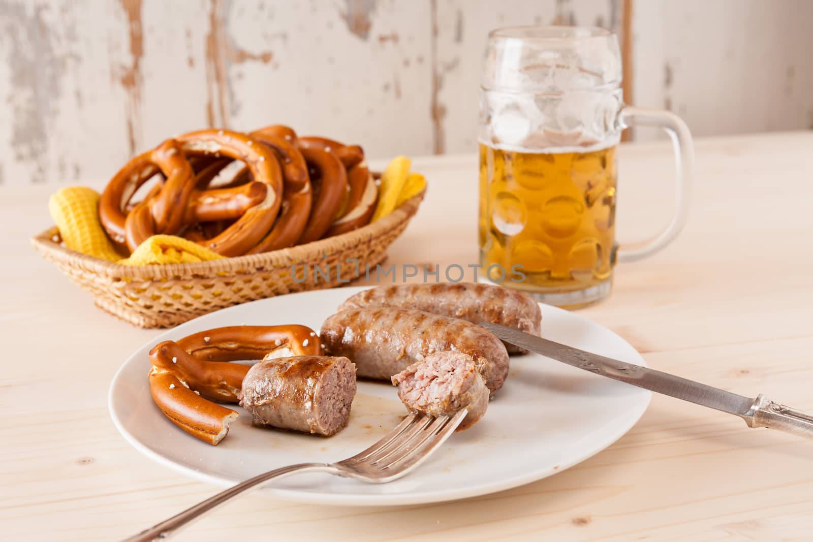 Bavarian cooked sausage and pretzel by LuigiMorbidelli