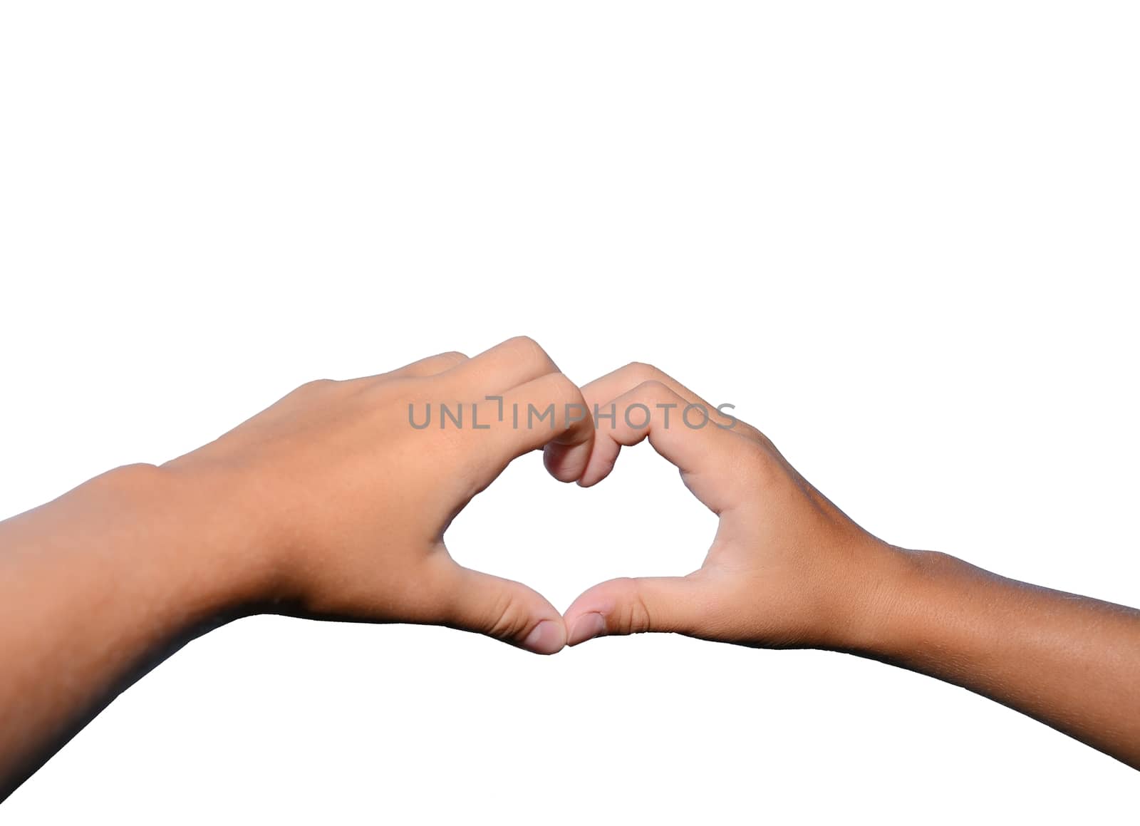 Children's hand keeps fingers in to the heart shape isolated on white background.