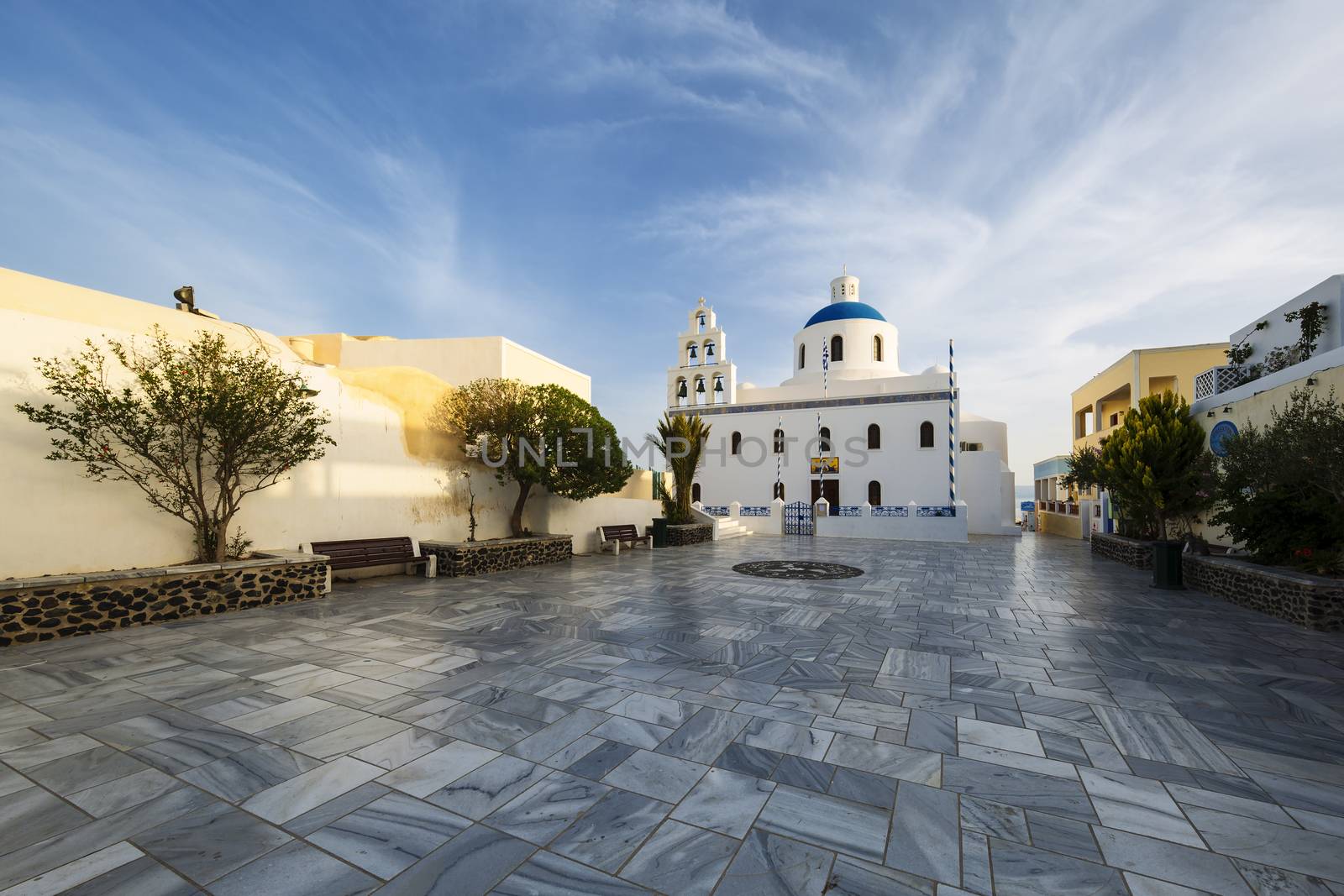 Main white blue orthodox church of Panagia Platsani, in the vill by vwalakte