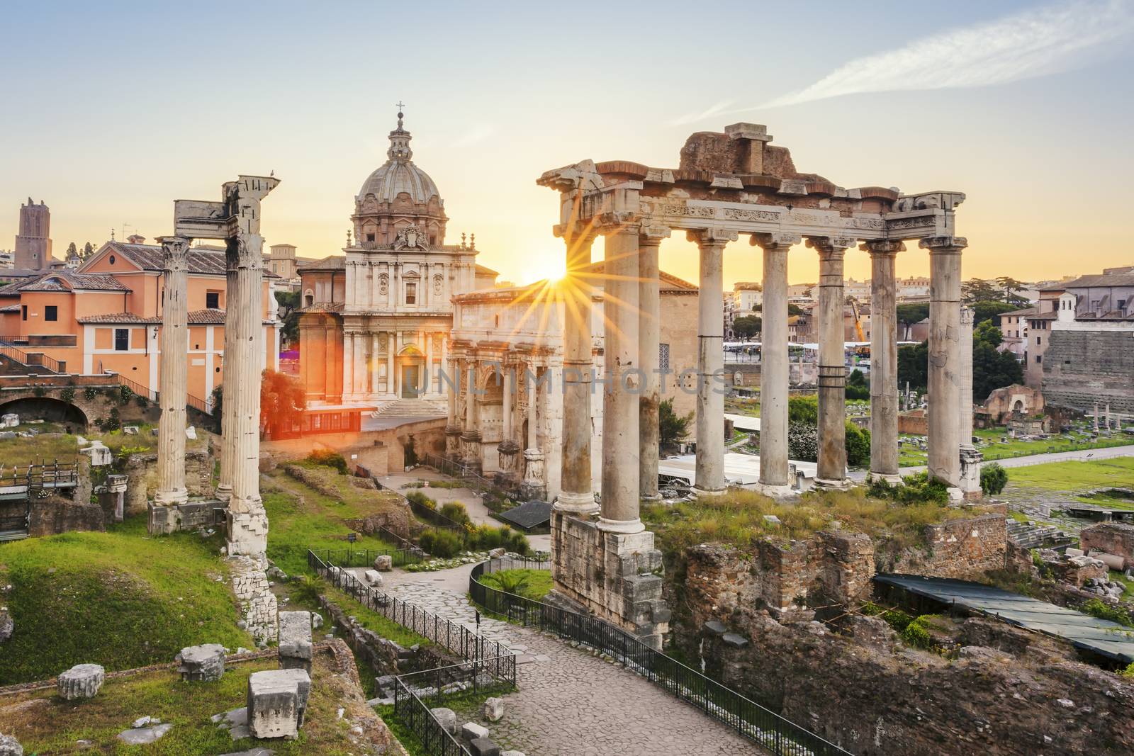 Famous Roman Forum in Rome, Italy during sunrise.