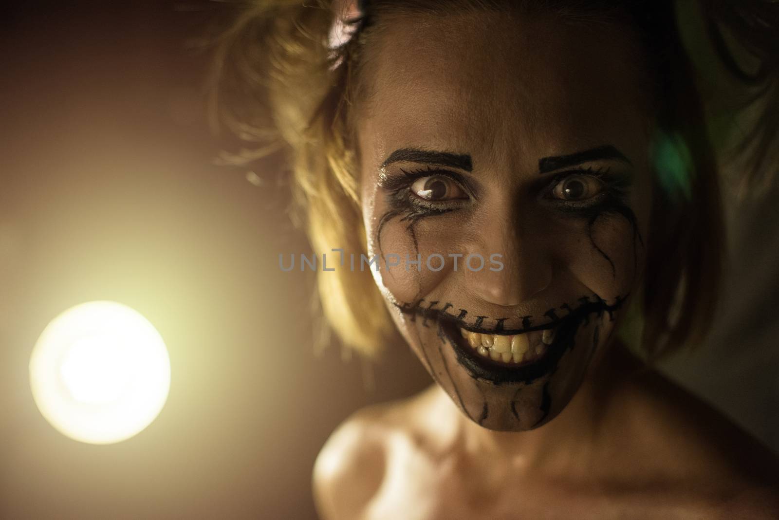 Horrible girl with scary mouth and eyes, halloween theme
