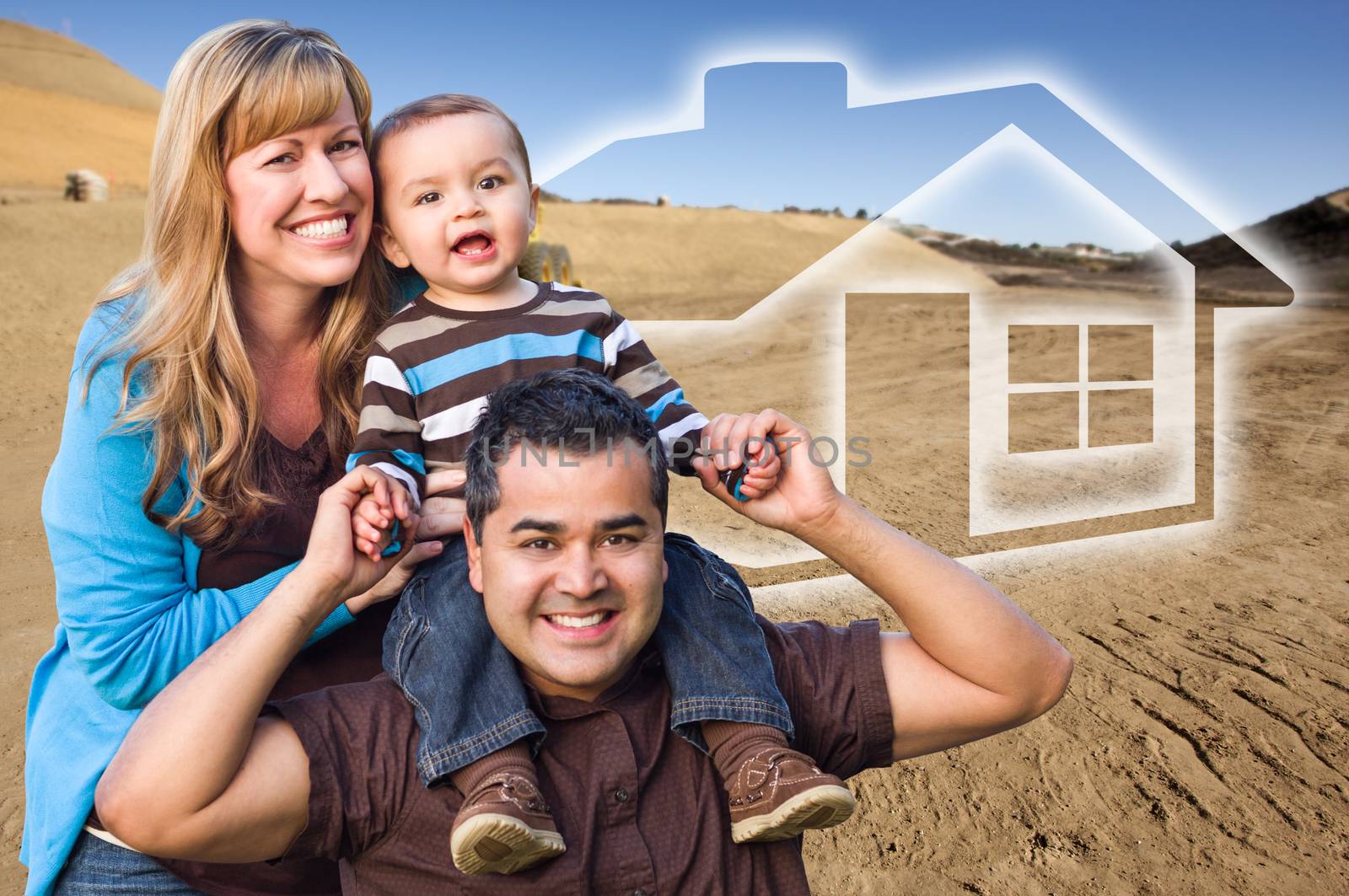 Happy Hopeful Mixed Race Family at Construction Site with Ghoosted House Behind.