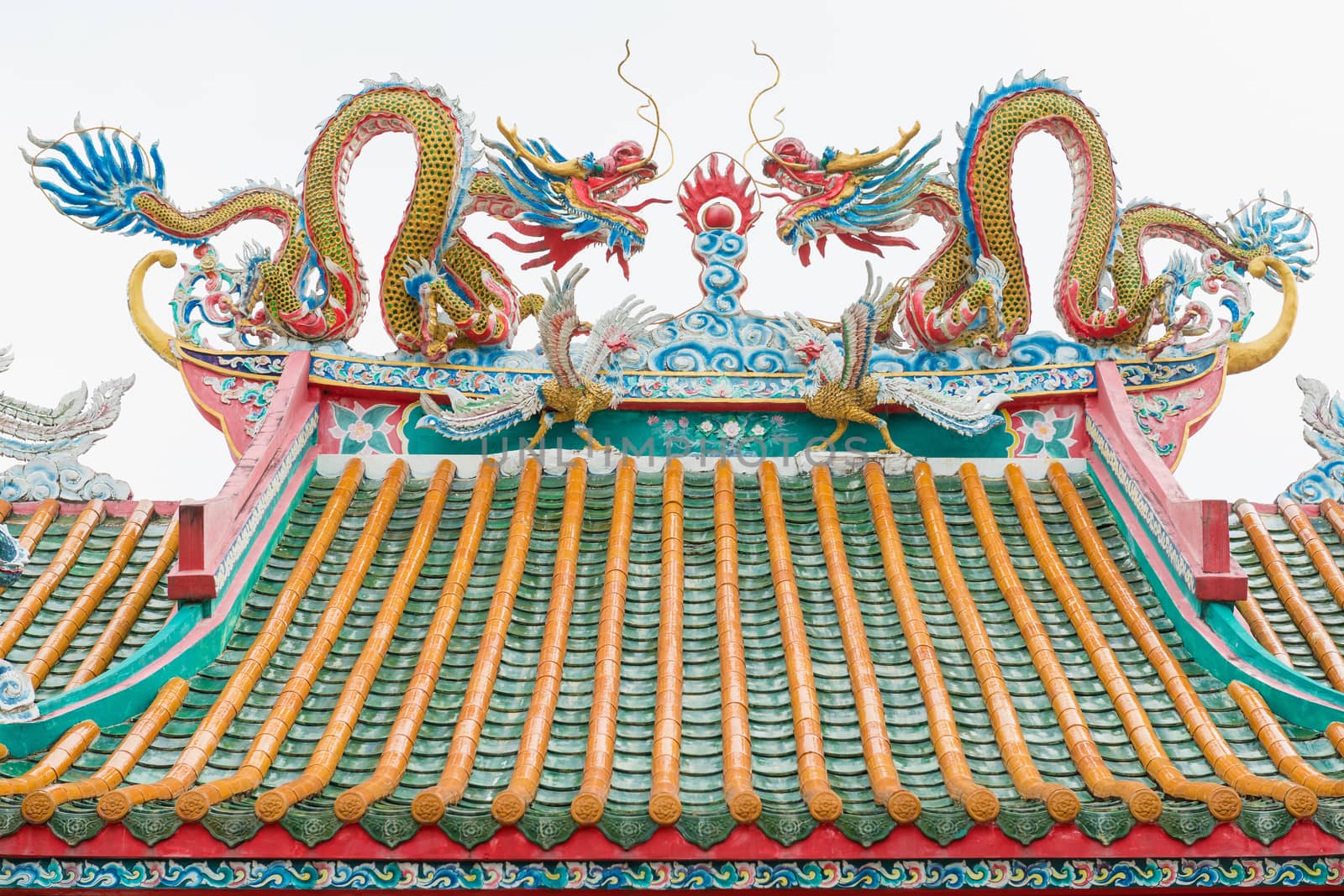 Chinese dragon and pheasant on the roof by hkt83000