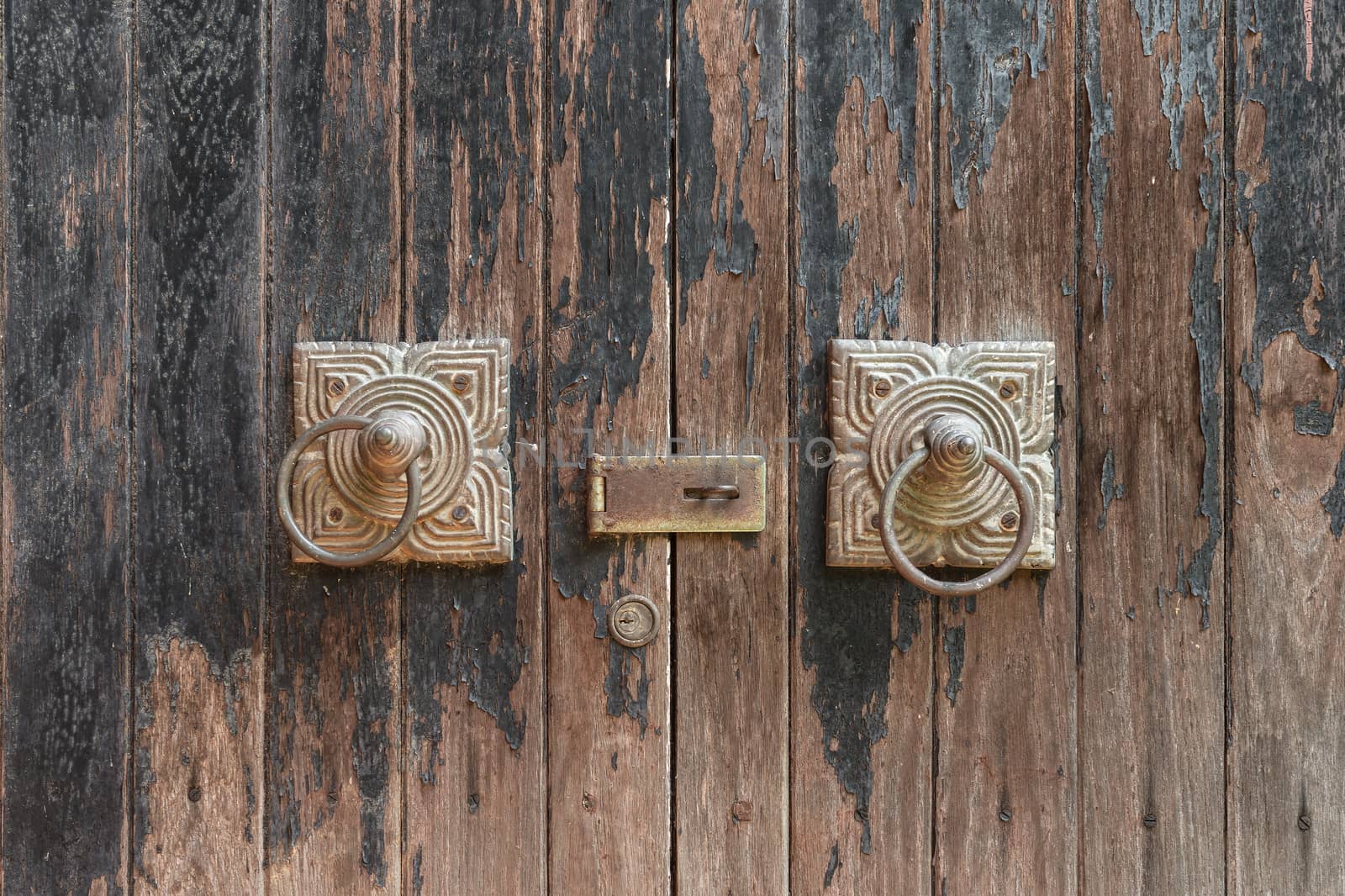 Ancient wooden gate with two door knocker rings, close up