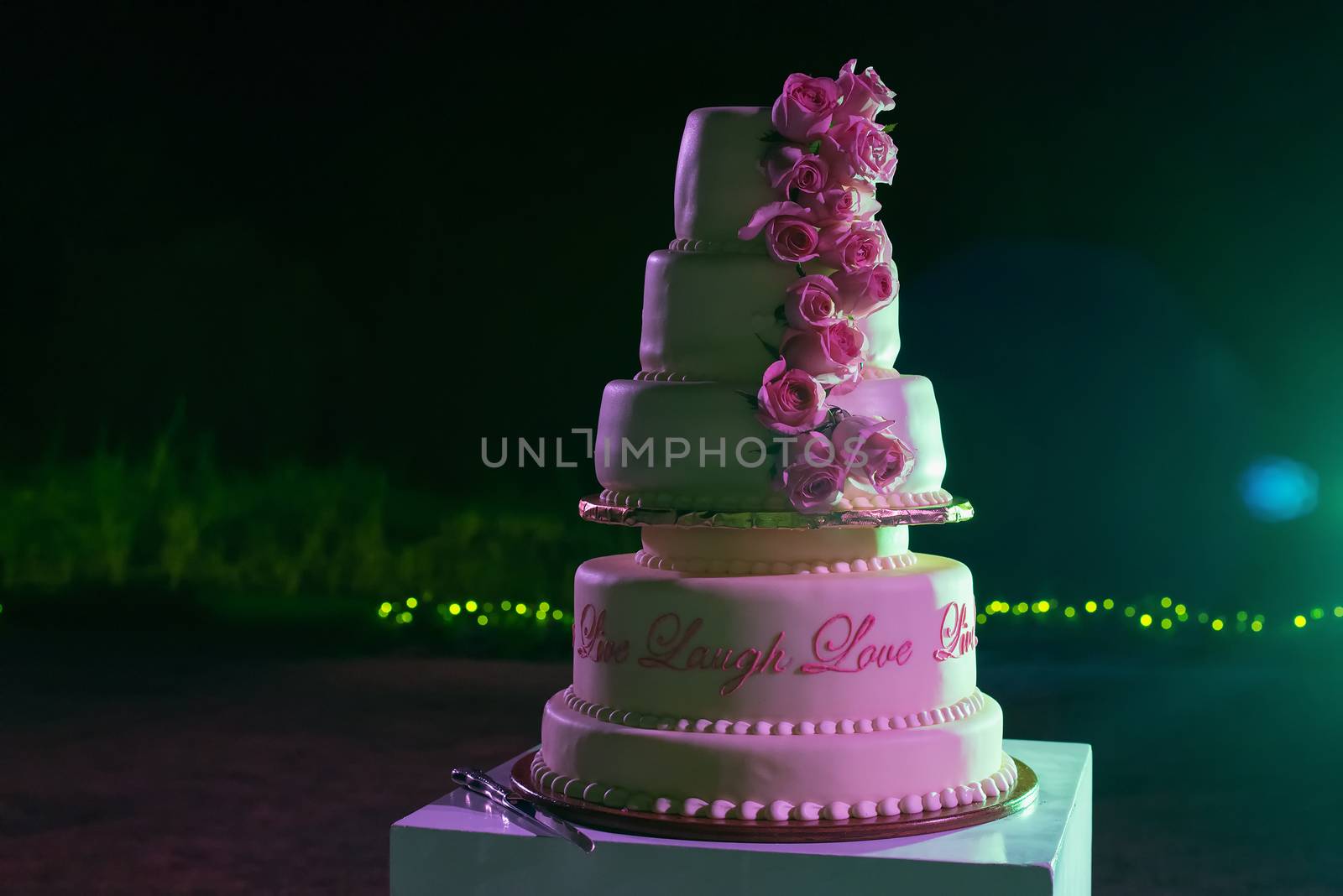 The white wedding cake, decorated with the roses. Selective focus.