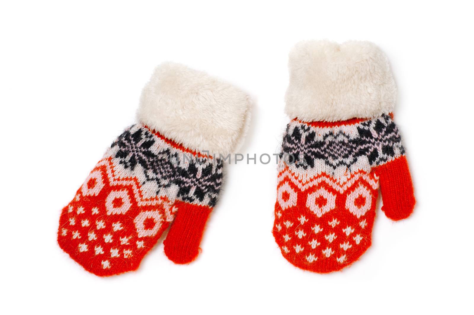 a pair of red baby mittens with pattern on white background