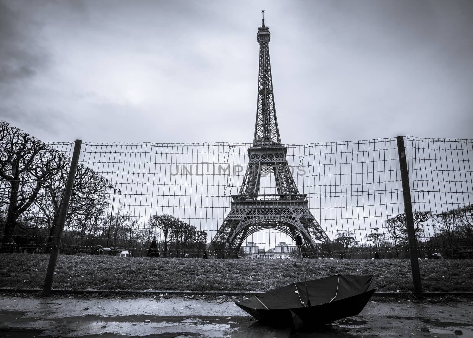 Eiffel tower from Paris, France and a black umbrella, in black and white settings, on a rainy day.