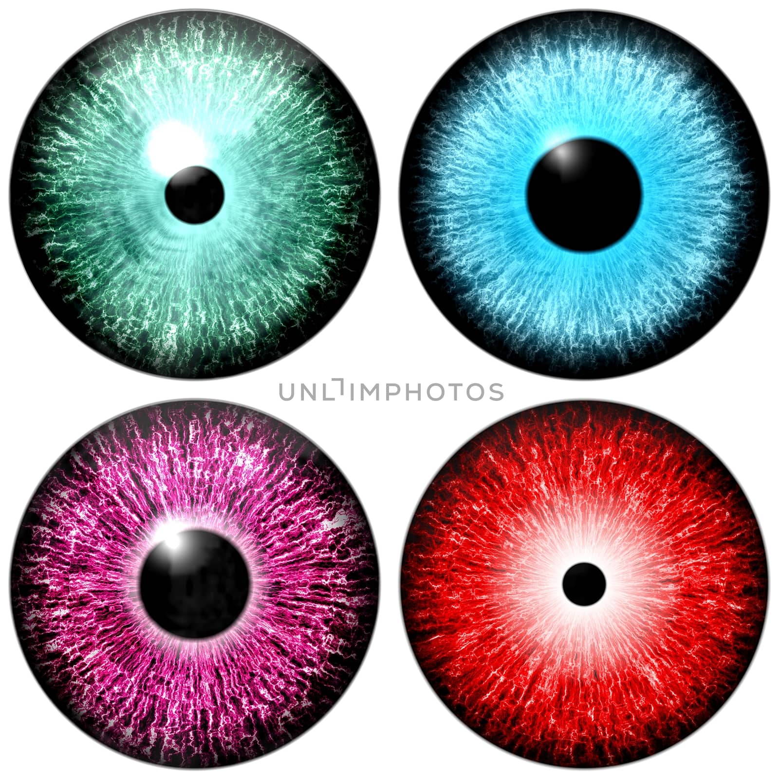 Four illustrated eyes in one set. Red eye. Blue eye. Purple eye. Green eye.