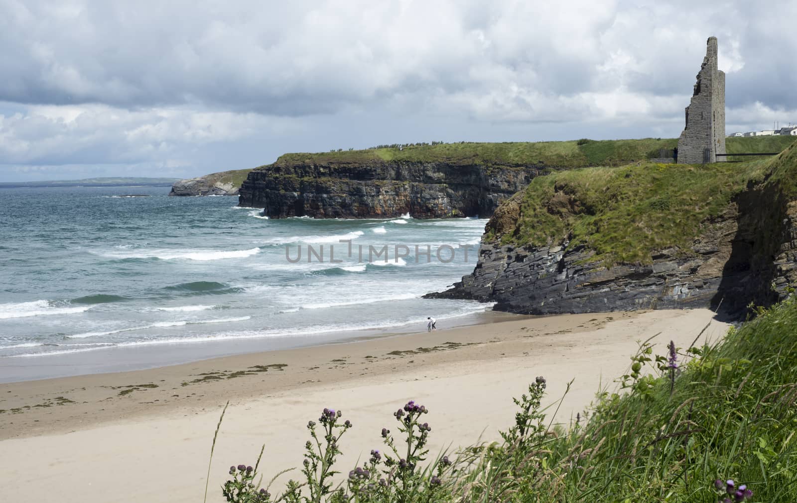 scenic view with beach cliffs and castle of ballybunion beach county kerry ireland
