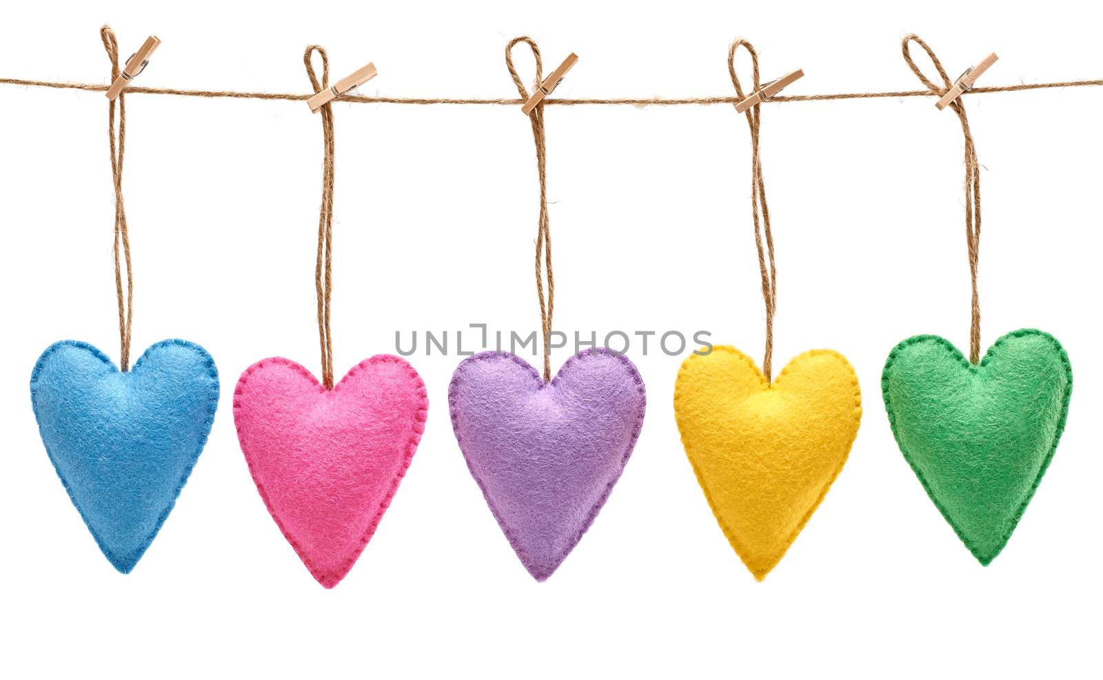 Love hearts, Valentines Day. Hearts set, handmade, hanging on rope. Vintage romantic style, isolated on white. Vivid retro unusual greeting card, multicolored felt, toned, copyspace