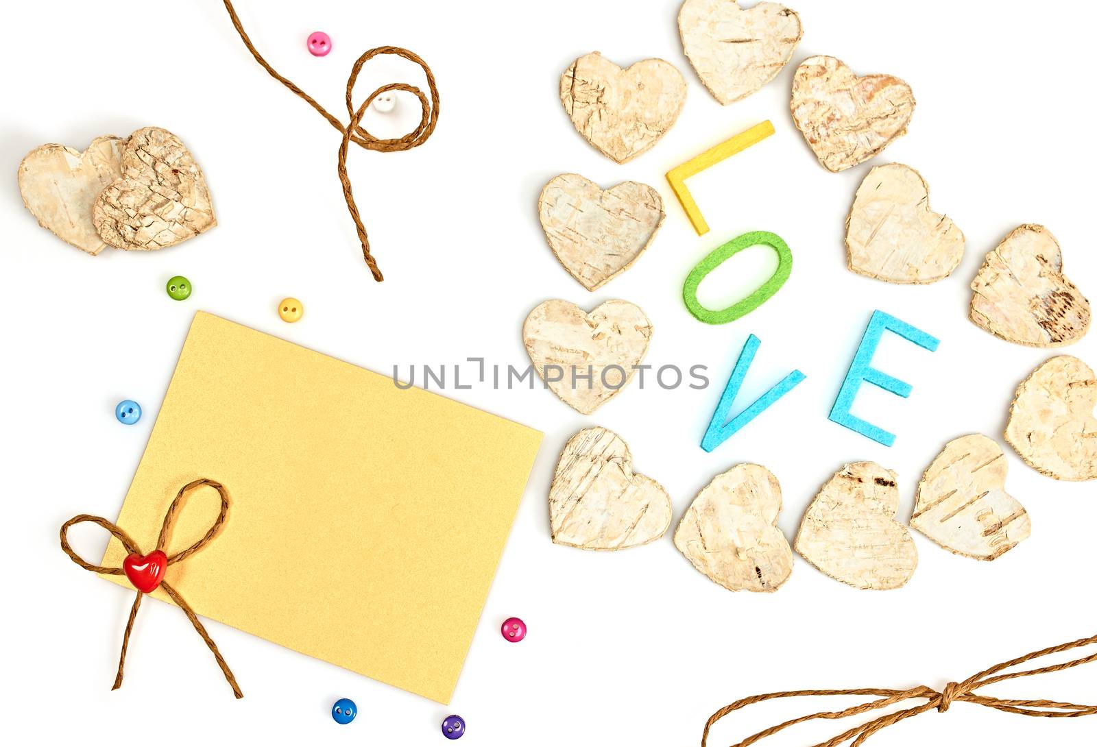 Love, Valentines Day. Word Love, hearts and note, isolated on white. Romantic style. Vivid unusual creative greeting card