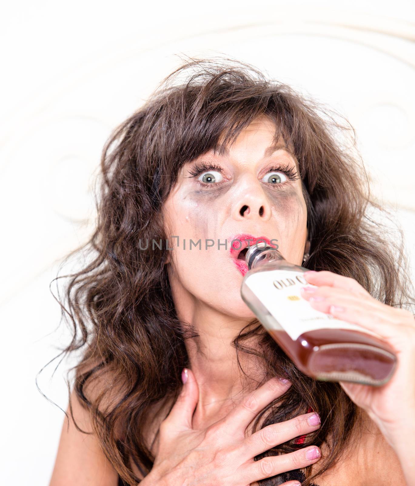 Drunk Woman with Whiskey Bottle in Bedroom by Creatista