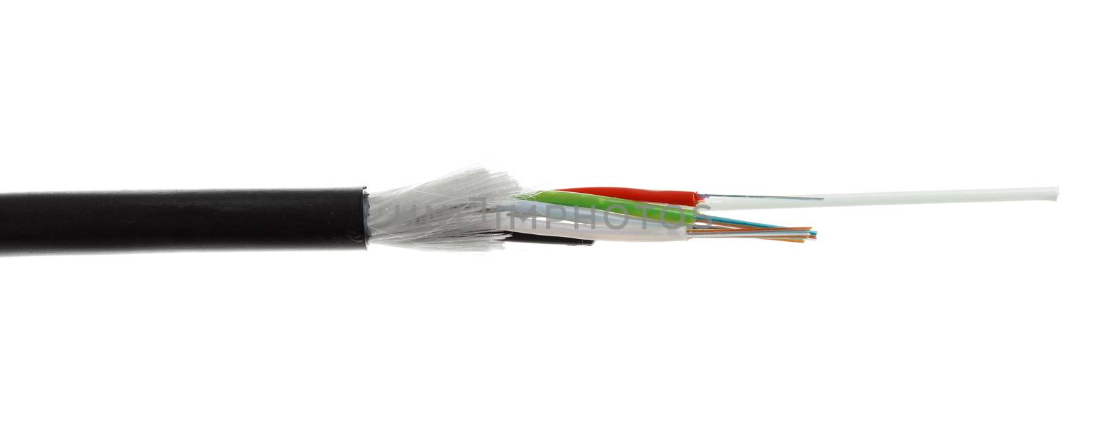 Fiber optic, optical cable detail isolated on white background. Loose tubes with optical fibres and central strenght member including waterblocking glass yarn and ripcord, multimode or single mode